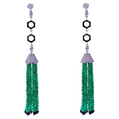 Emerald Beads Tassel Earrings with Diamonds and Onyx, 18k