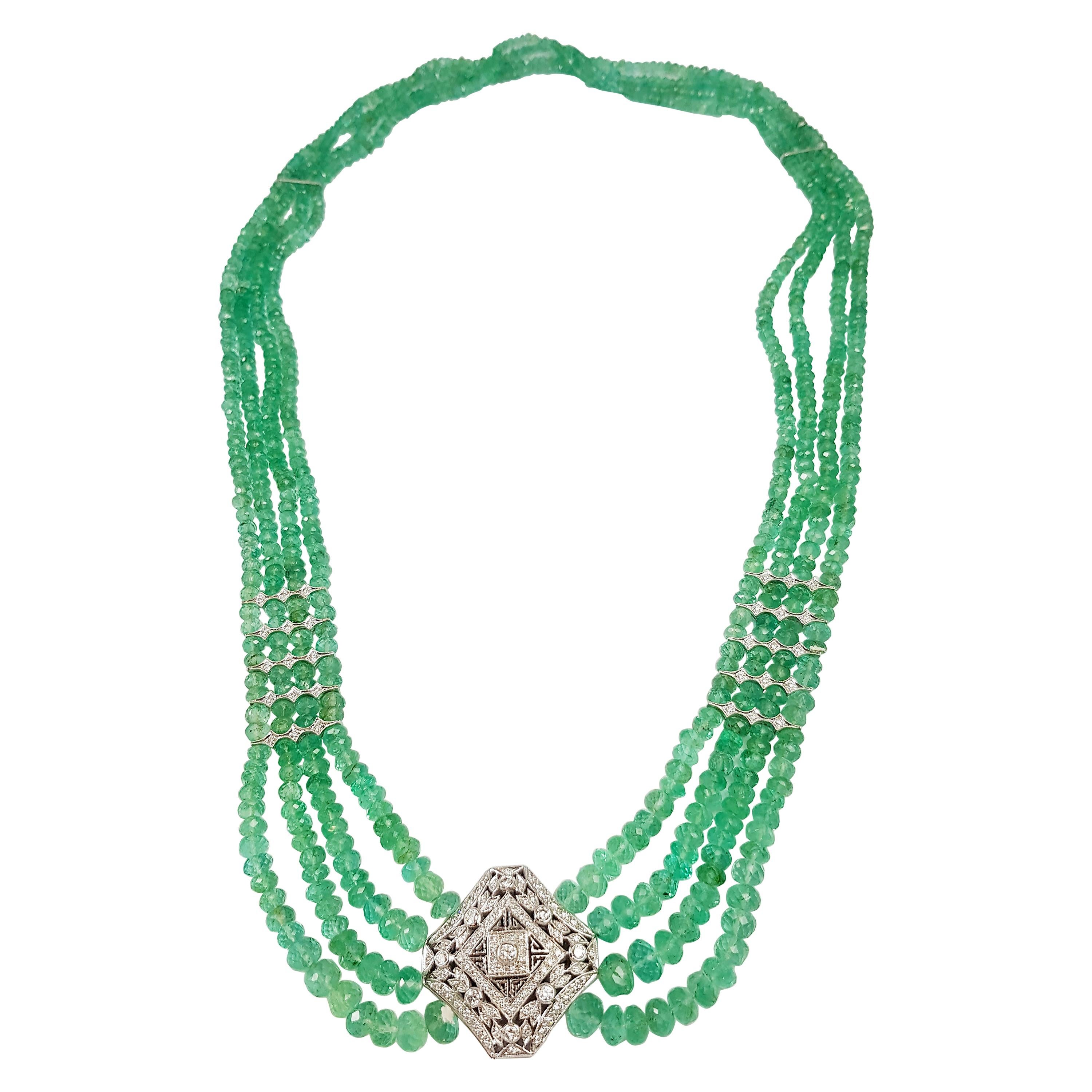 Emerald Beads with Diamond Necklace Set in 18 Karat White Gold Settings