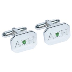 Emerald Bespoke Sterling Silver Rectangular Engraved Modern Classic Cufflinks