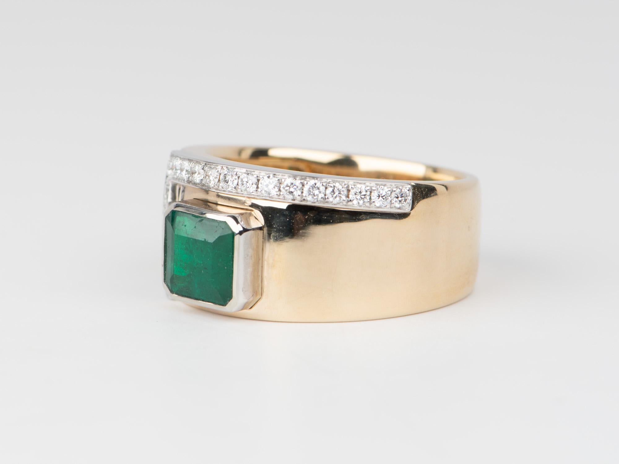 Emerald Cut Emerald Bezel Set on 10.5mm Wide Band with Diamond Accent 14K Gold  R6668 For Sale