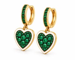 Emerald Birthstone Heart Earrings White Enamel 14K Gold by Meghna Jewels