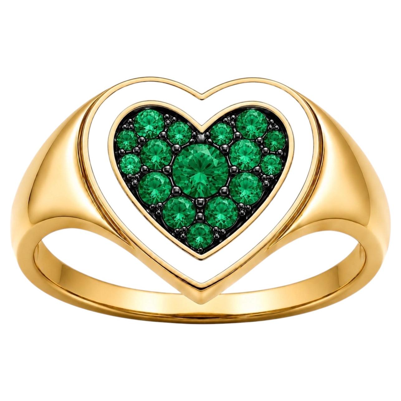 Emerald Birthstone Heart Ring White Enamel 14K Gold by Meghna Jewels