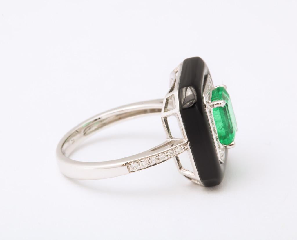 Women's or Men's Emerald Black Agate Diamond Ring