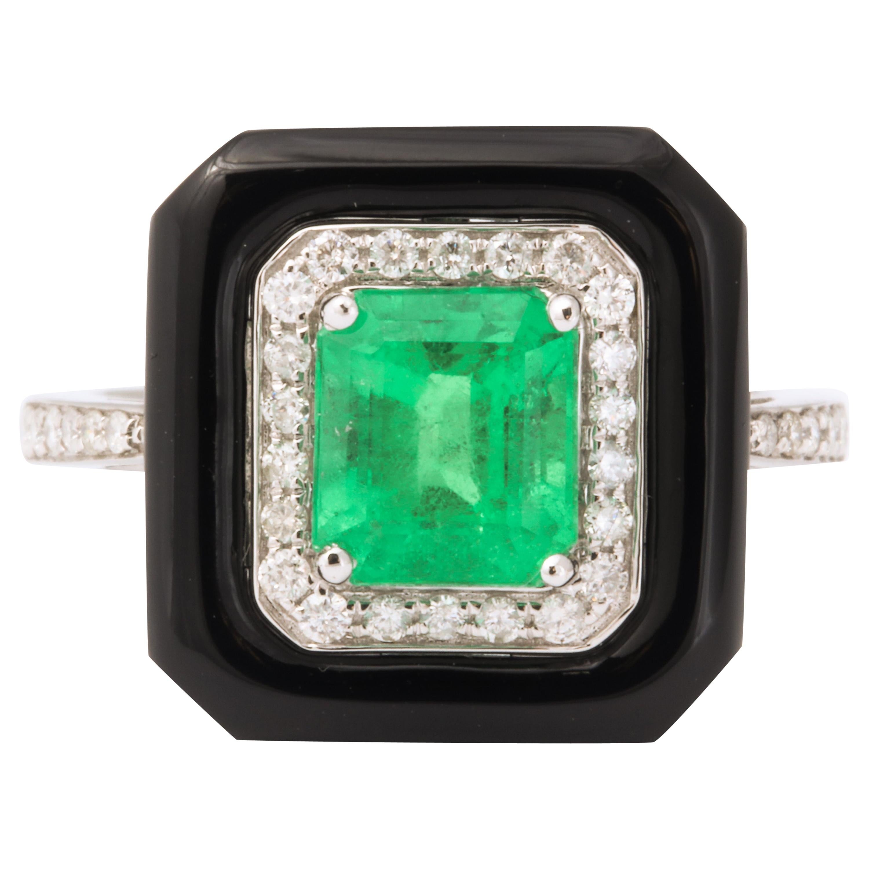 Emerald Black Agate Diamond Ring