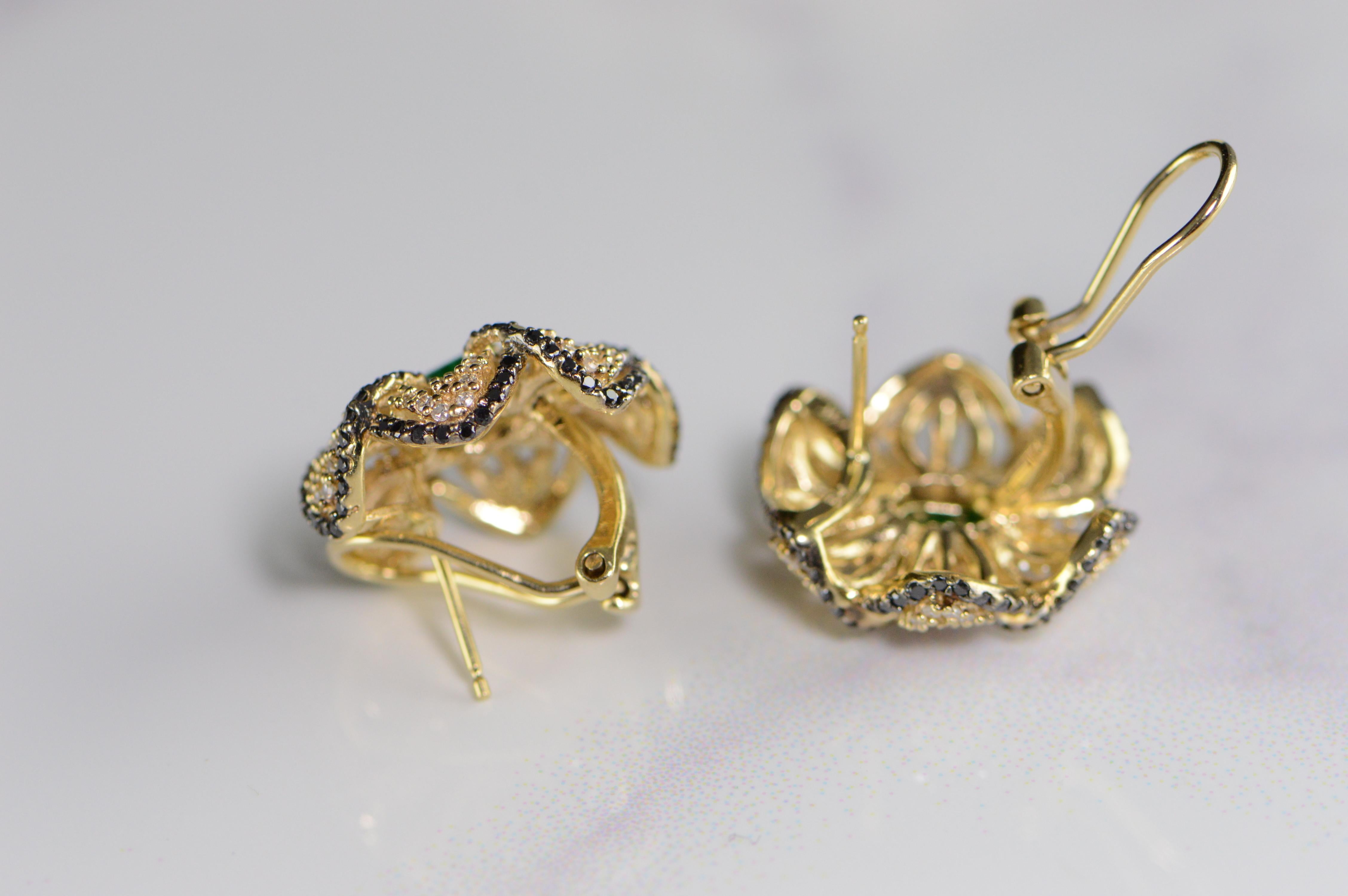 Emerald Black and White Diamond Gold Flower Earrings For Sale 2