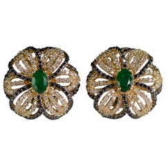 Emerald Black and White Diamond Gold Flower Earrings