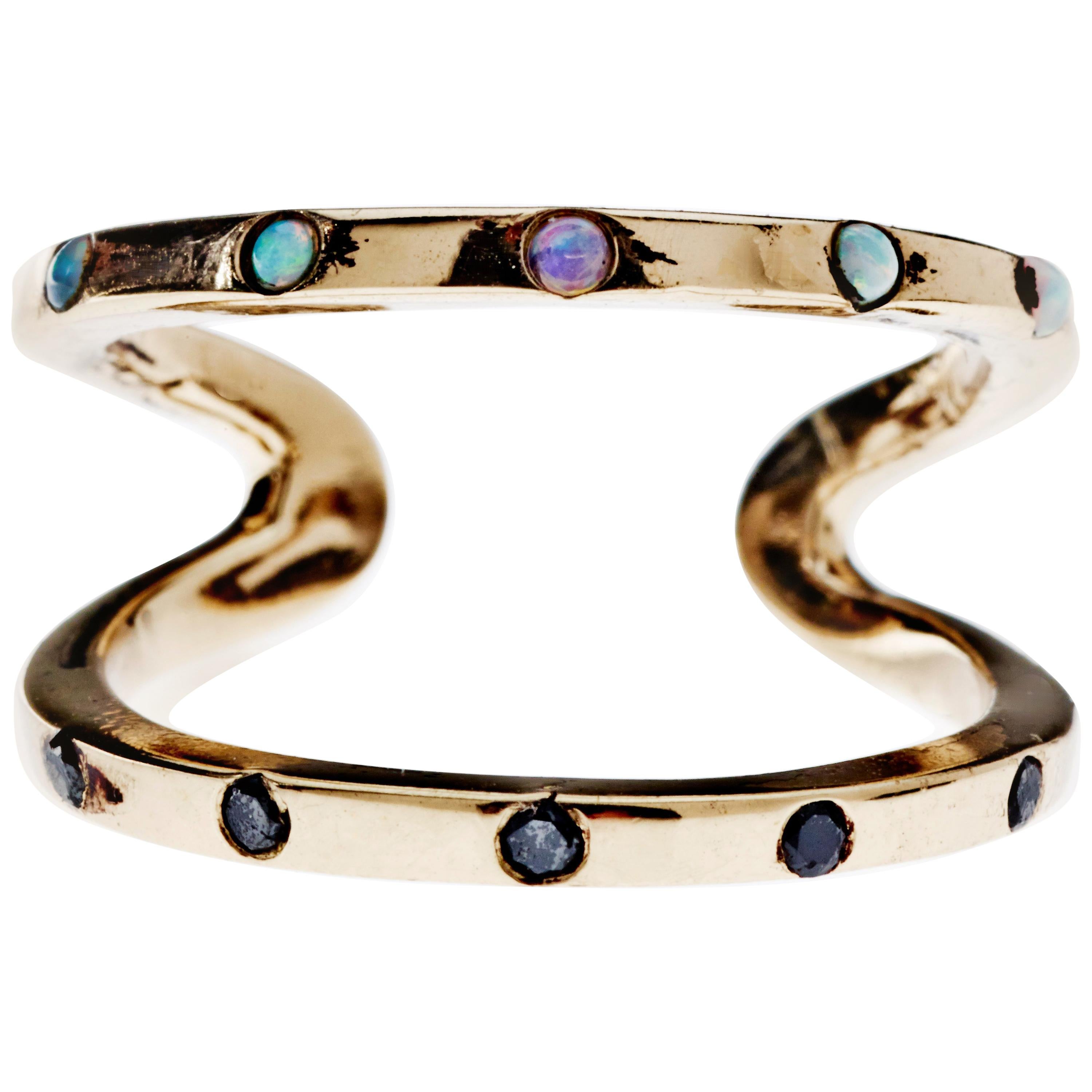 Contemporary Emerald Black Diamond Ring Gold For Sale