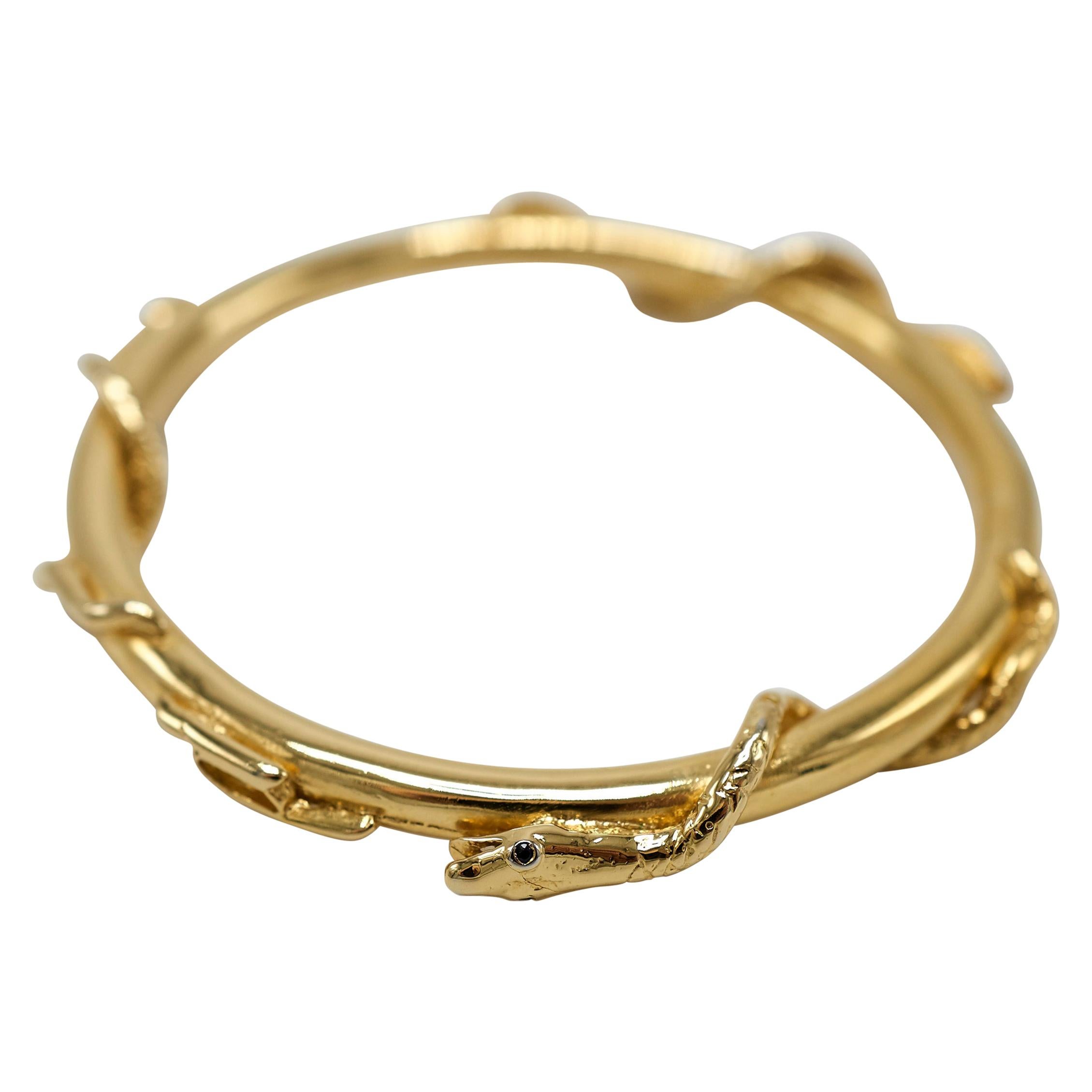 Brilliant Cut Emerald Black Diamond White Diamond Snake Bangle For Sale