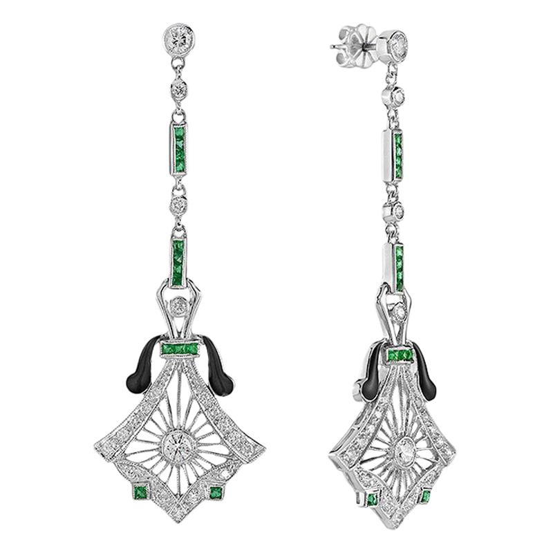 Emerald Black Enamel Diamond 14 Karat White Gold Earrings