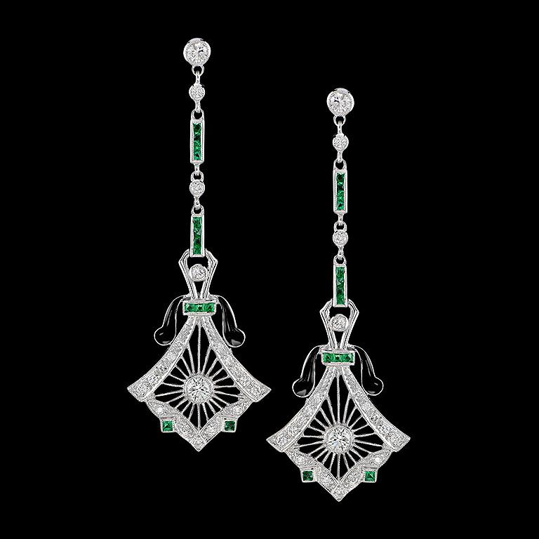 Emerald Black Enamel Diamond Drop Earrings
This design of Drop Earrings was made in 14K White Gold. 
These dazzling Earrings feature a matched pair of Round Diamonds 0.64 ct. Color alternating of Fine Cut Emerald (0.43 ct.) and Diamond (0.59