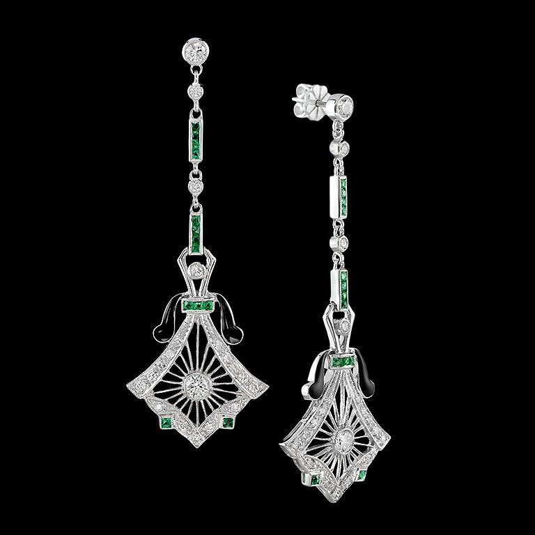 Art Deco Emerald Black Enamel Diamond 14 Karat White Gold Earrings