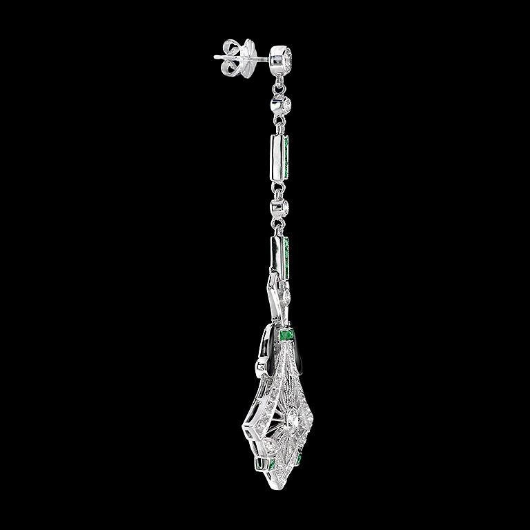 French Cut Emerald Black Enamel Diamond 14 Karat White Gold Earrings