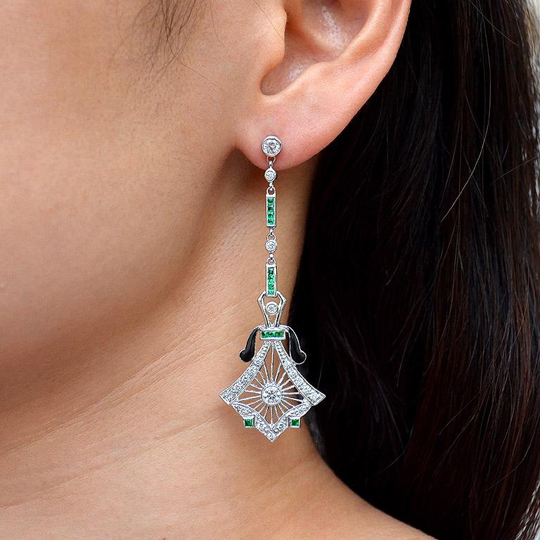 Emerald Black Enamel Diamond 14 Karat White Gold Earrings 2