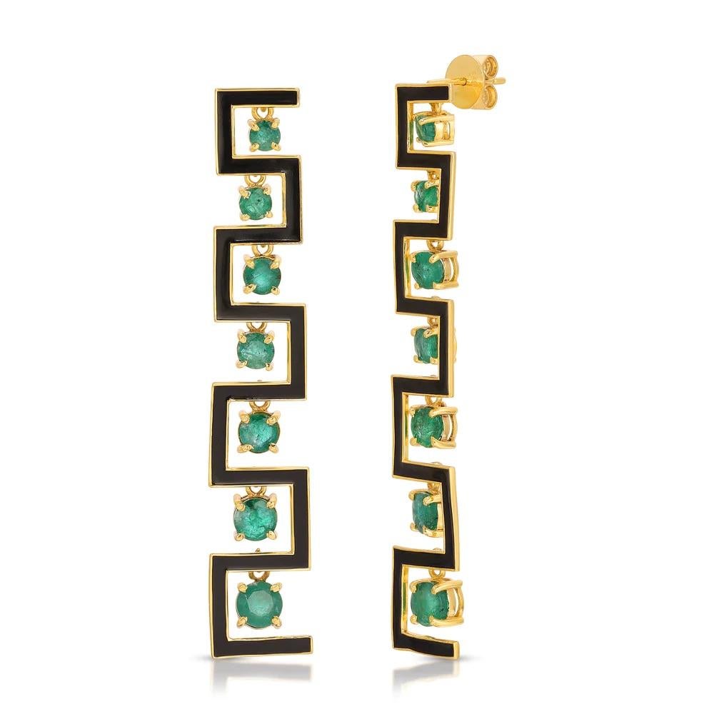Emerald Black Enamel Mod Earrings featuring radiant emeralds arranged in a stylish mod design in striking chandelier earrings.

- Natural Zambian emeralds 3.20 carats.
- Highlighted with glossy black enamel.
- Set in 18 karat gold overlay silver.
-