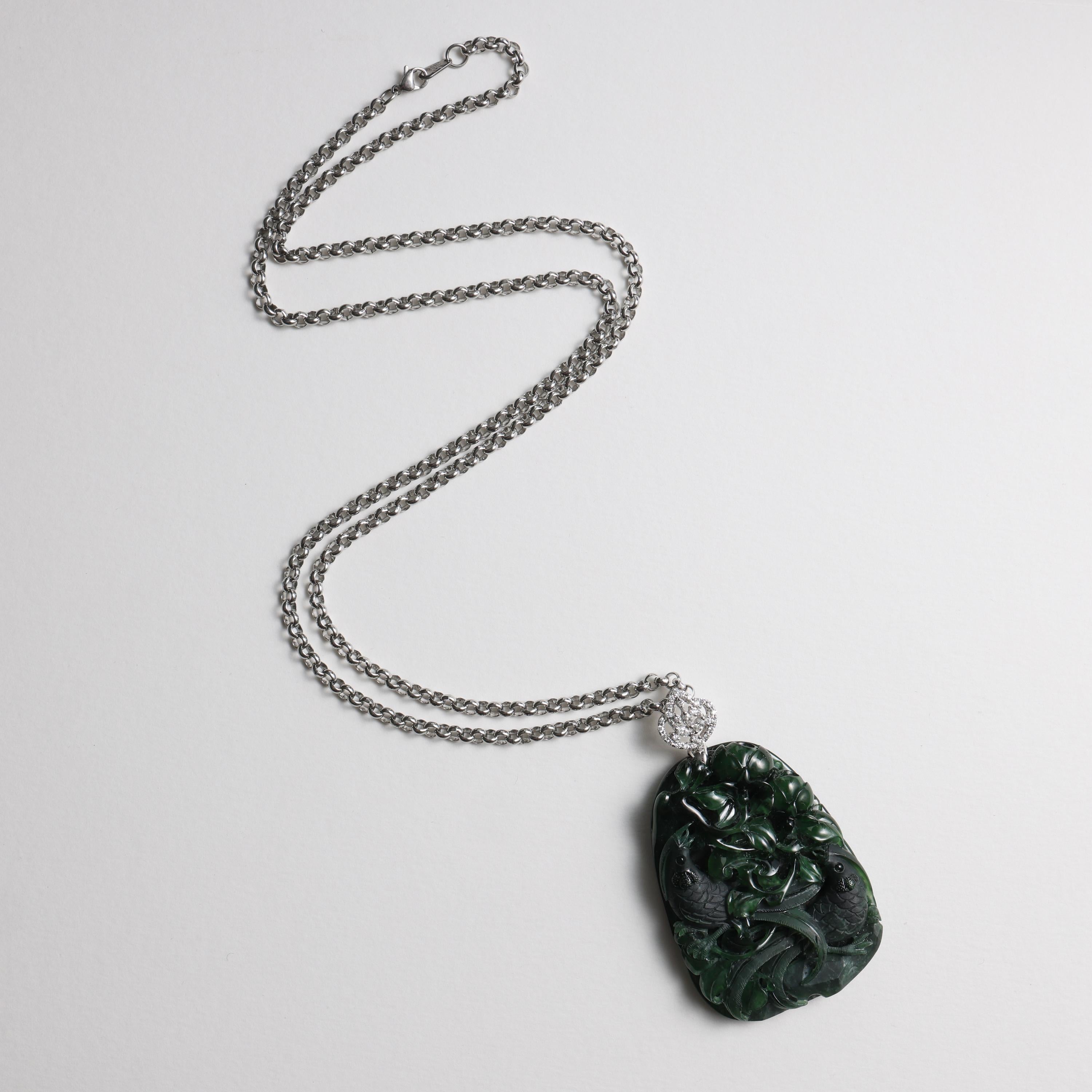 Emerald Black Jade Pendant Elaborately Three-Dimensional Carving, Certified  For Sale 4