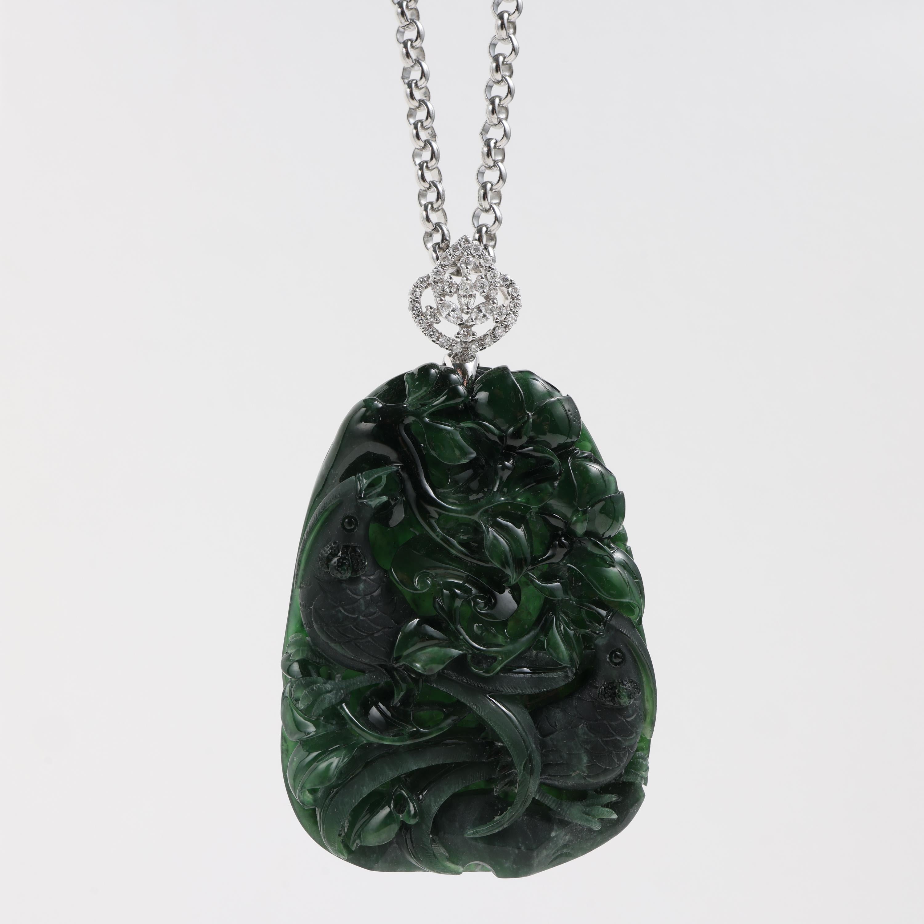 Emerald Black Jade Pendant Elaborately Three-Dimensional Carving, Certified  For Sale 5