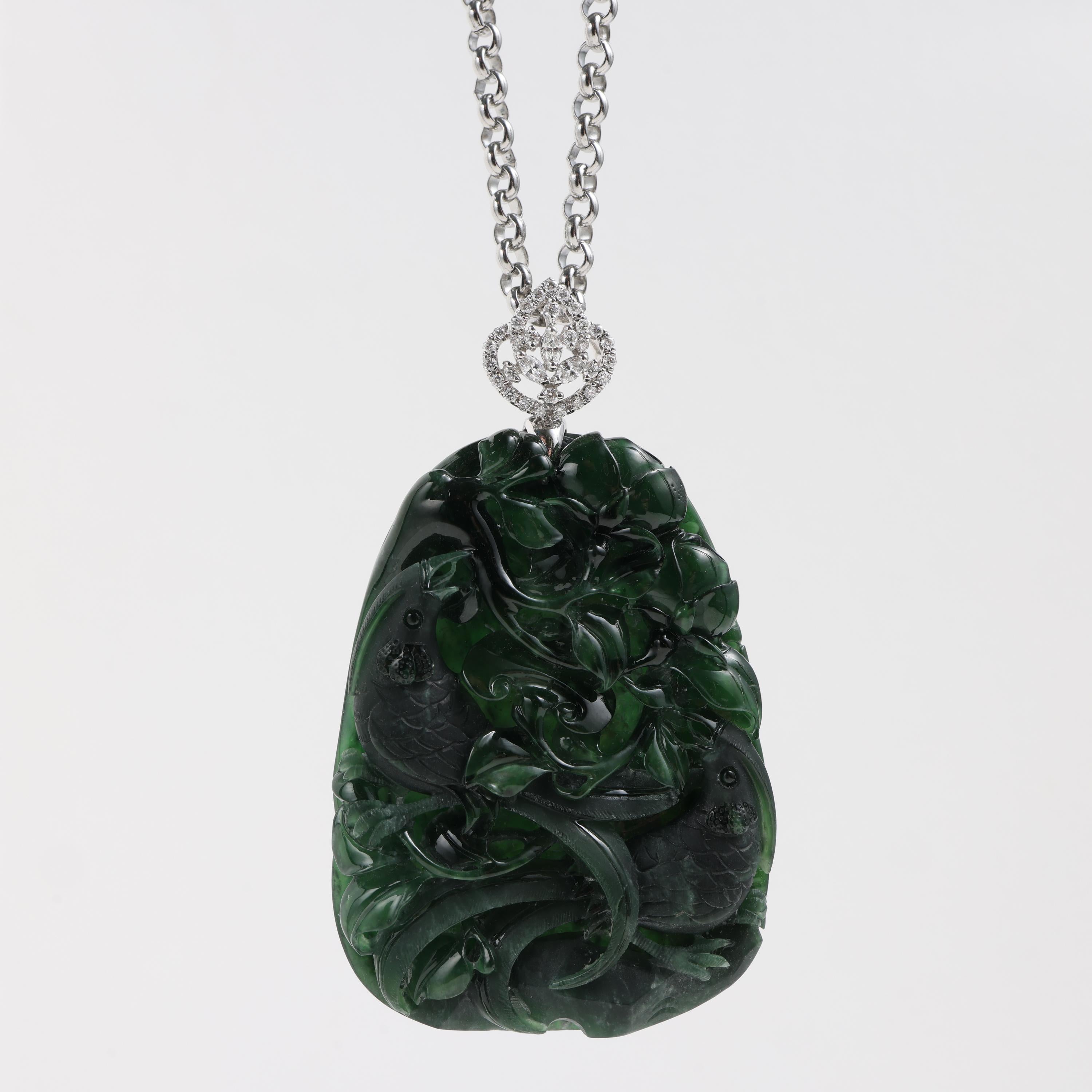 Emerald Black Jade Pendant Elaborately Three-Dimensional Carving, Certified 5