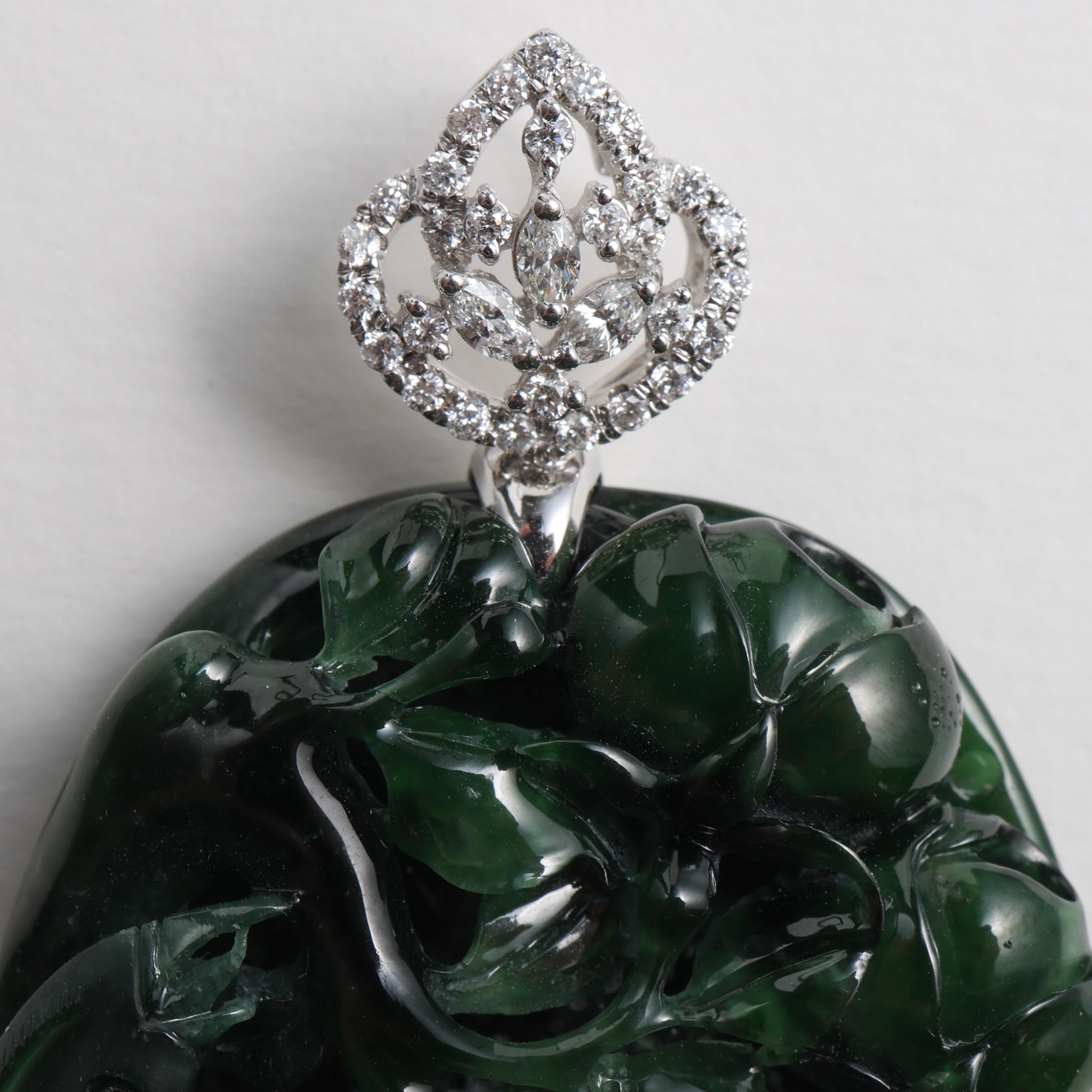 Emerald Black Jade Pendant Elaborately Three-Dimensional Carving, Certified  For Sale 6