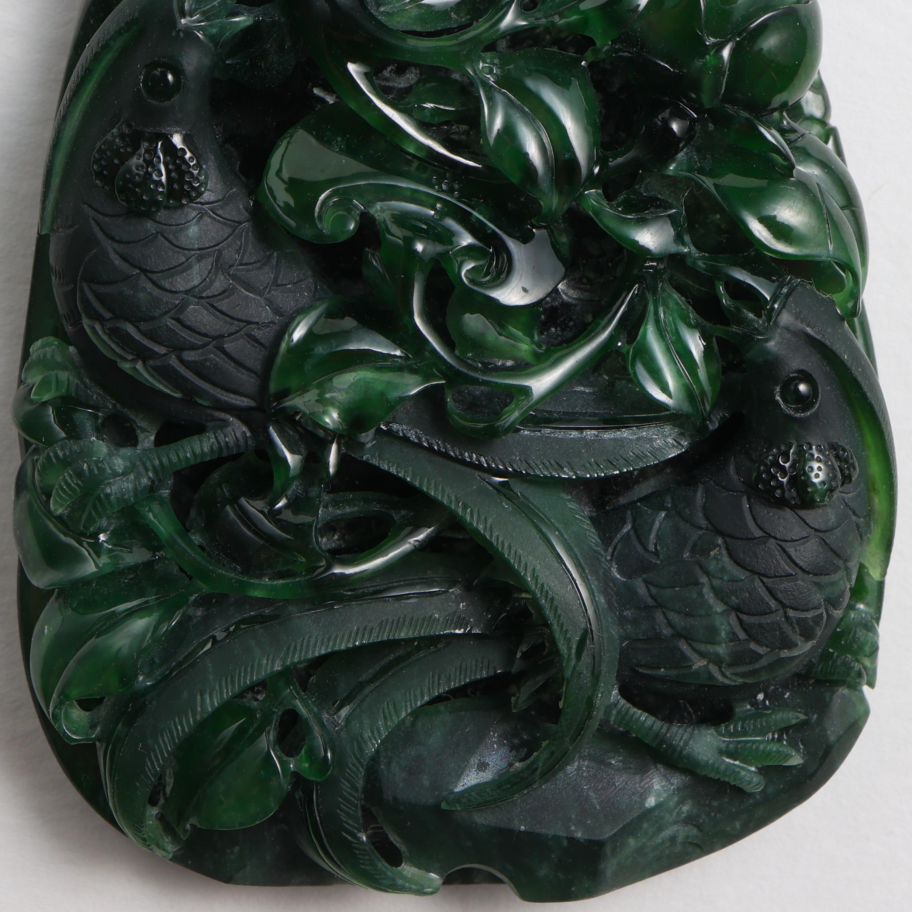 Emerald Black Jade Pendant Elaborately Three-Dimensional Carving, Certified 7