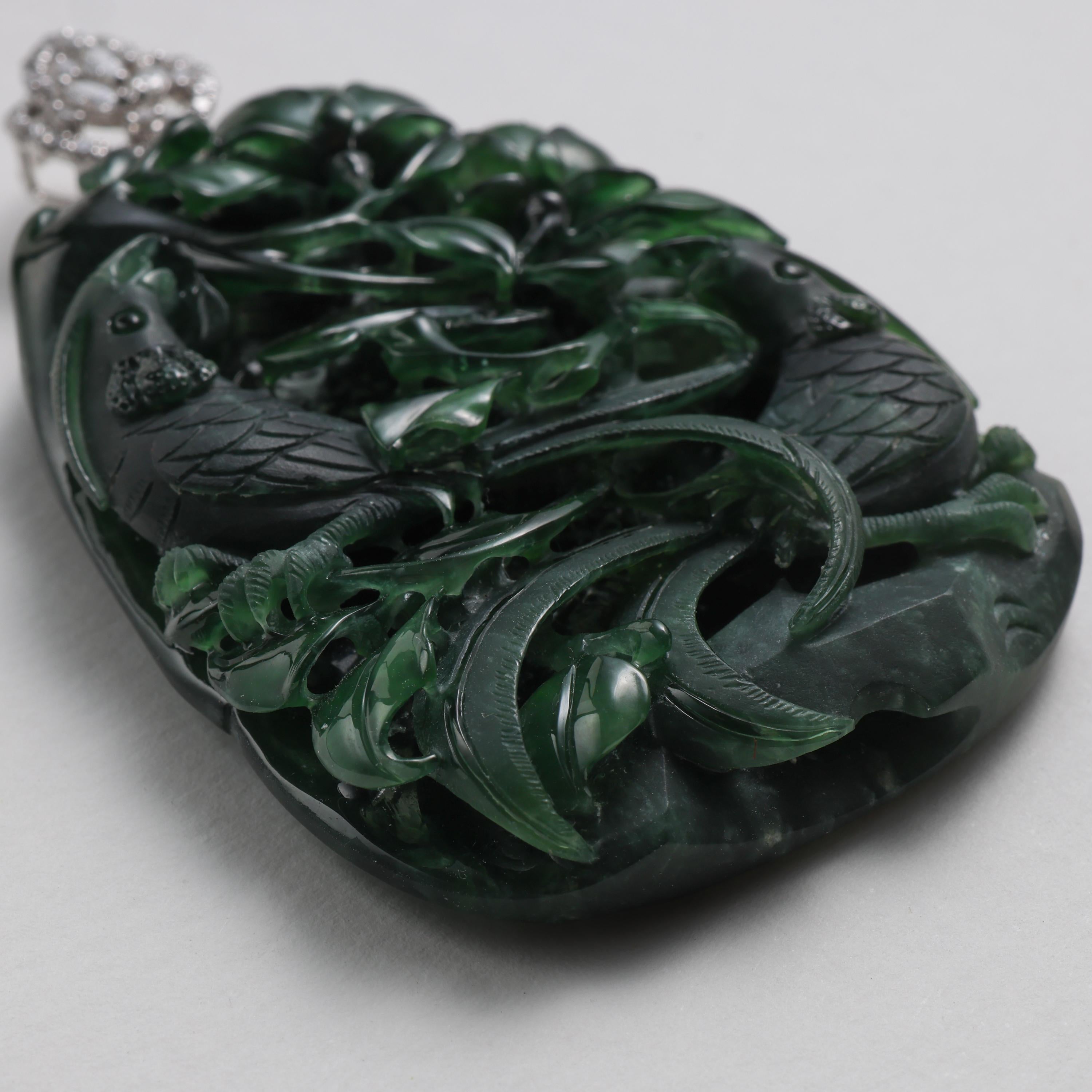 Emerald Black Jade Pendant Elaborately Three-Dimensional Carving, Certified 8