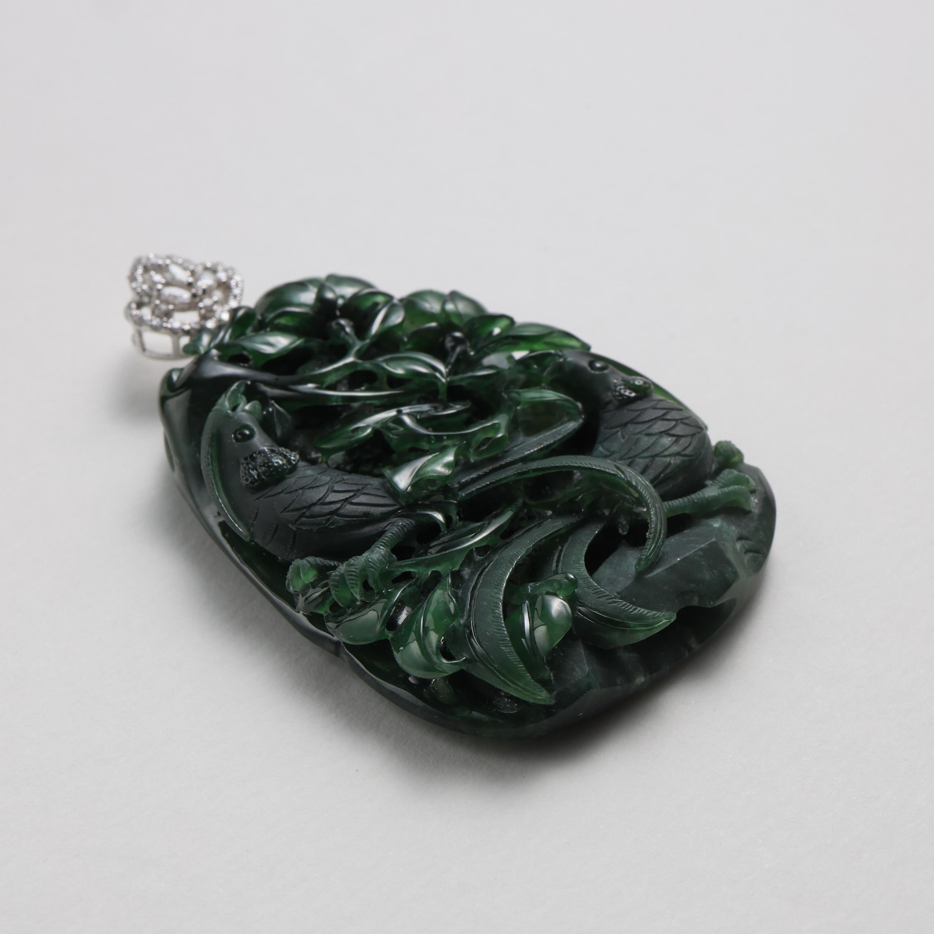 Emerald Black Jade Pendant Elaborately Three-Dimensional Carving, Certified 9