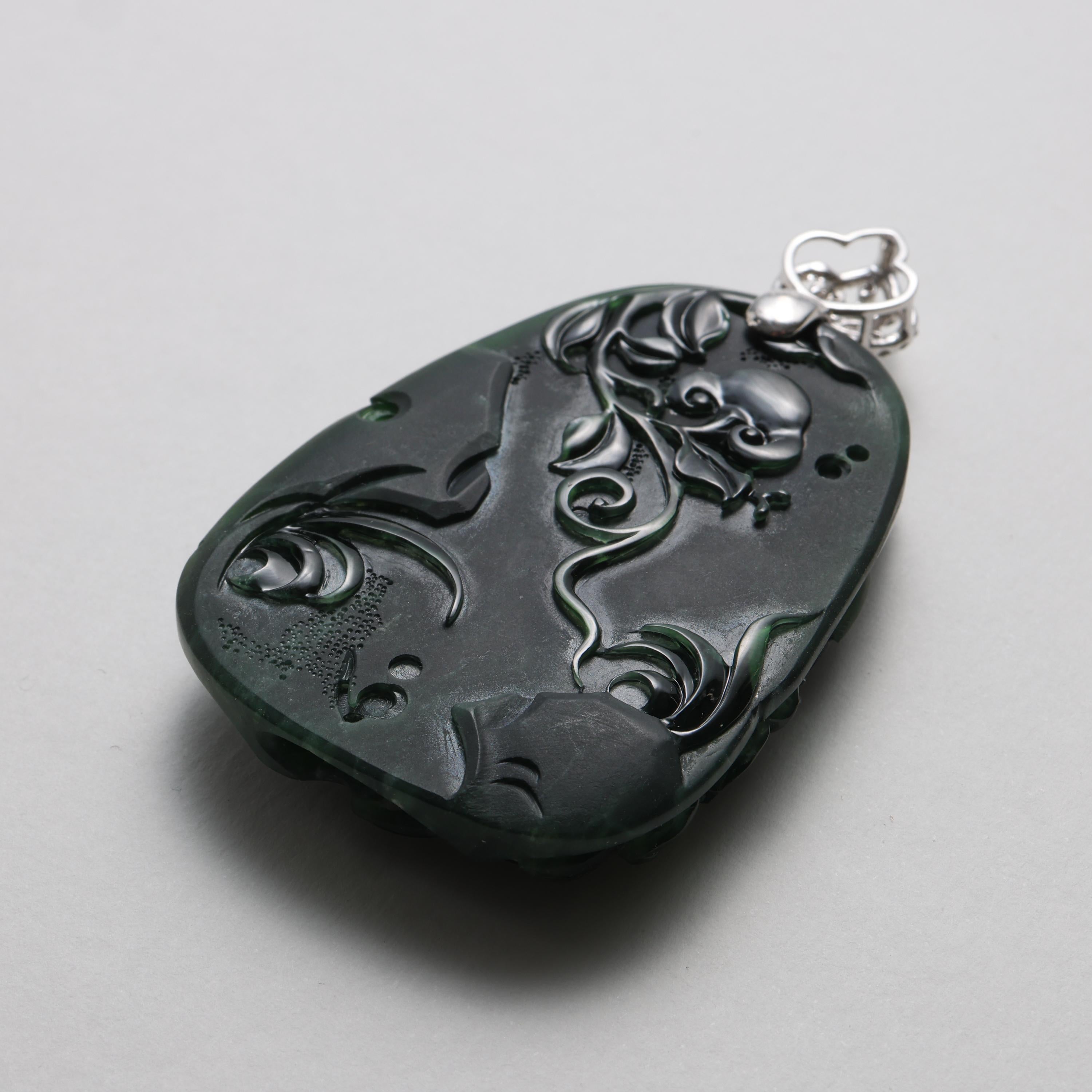 Emerald Black Jade Pendant Elaborately Three-Dimensional Carving, Certified 10