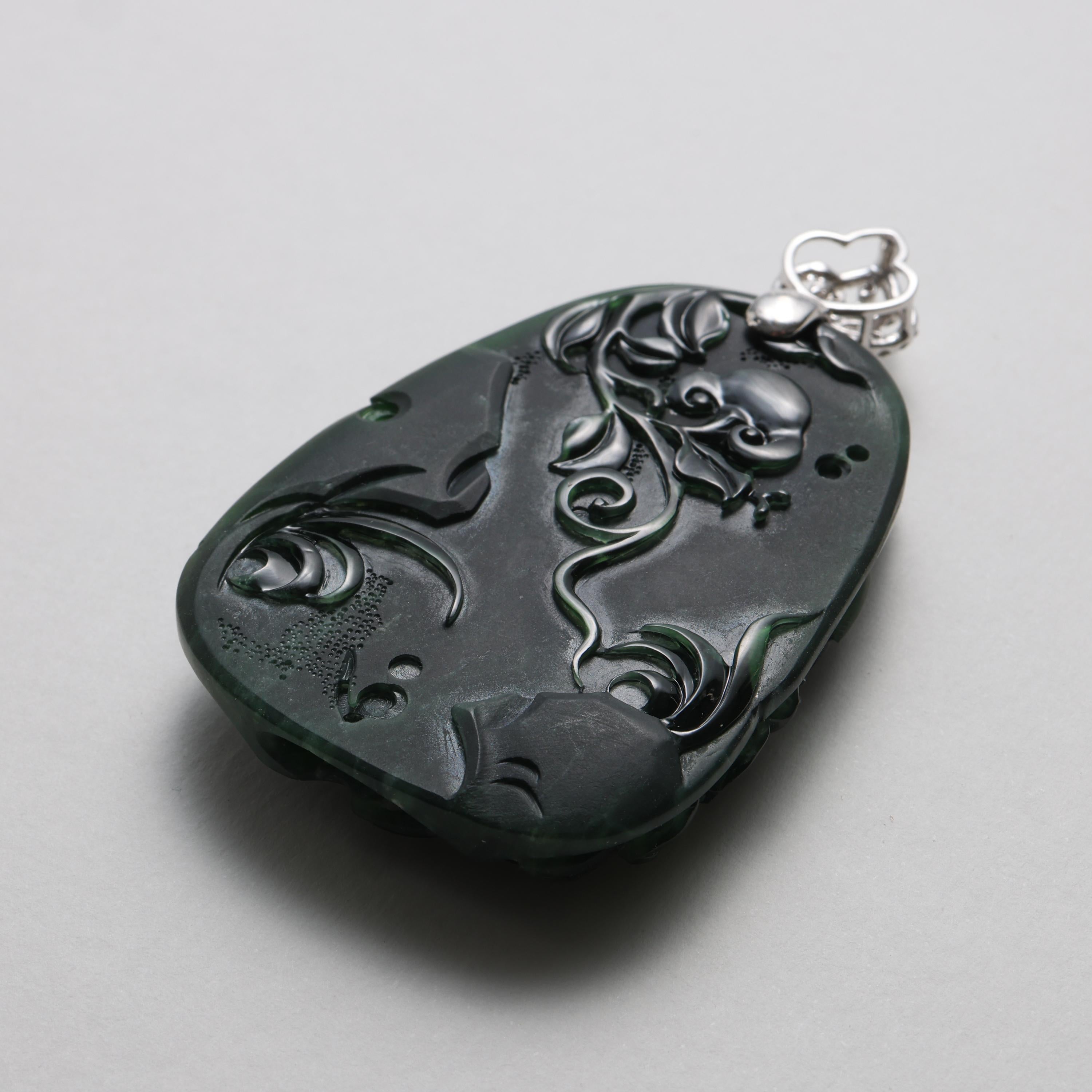 Emerald Black Jade Pendant Elaborately Three-Dimensional Carving, Certified  For Sale 11