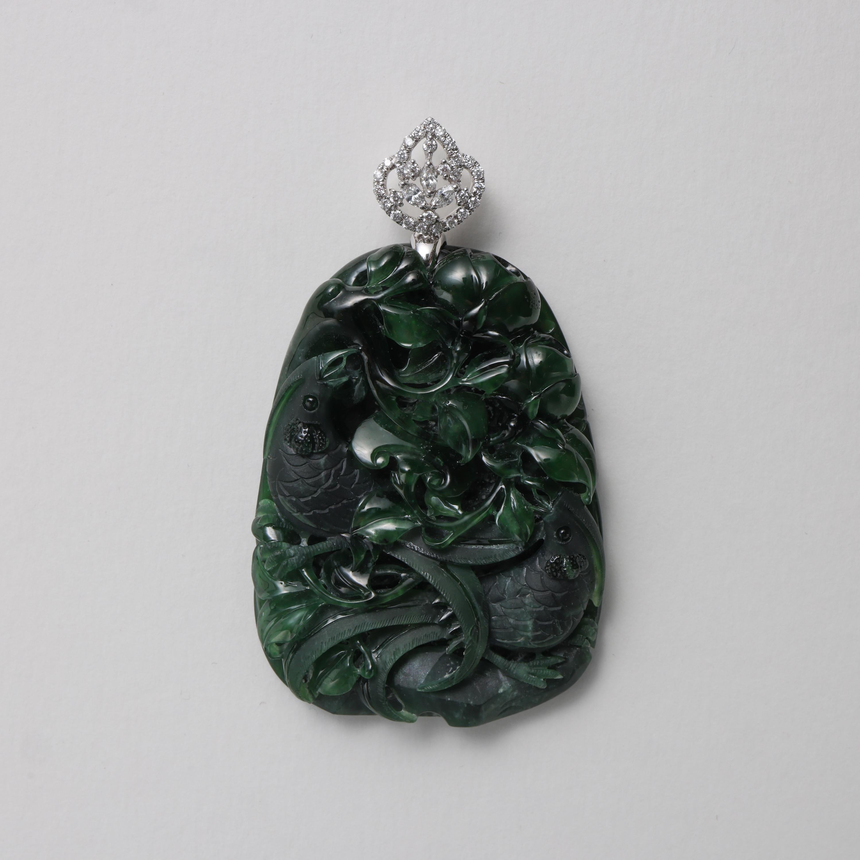 Emerald Black Jade Pendant Elaborately Three-Dimensional Carving, Certified  For Sale 12