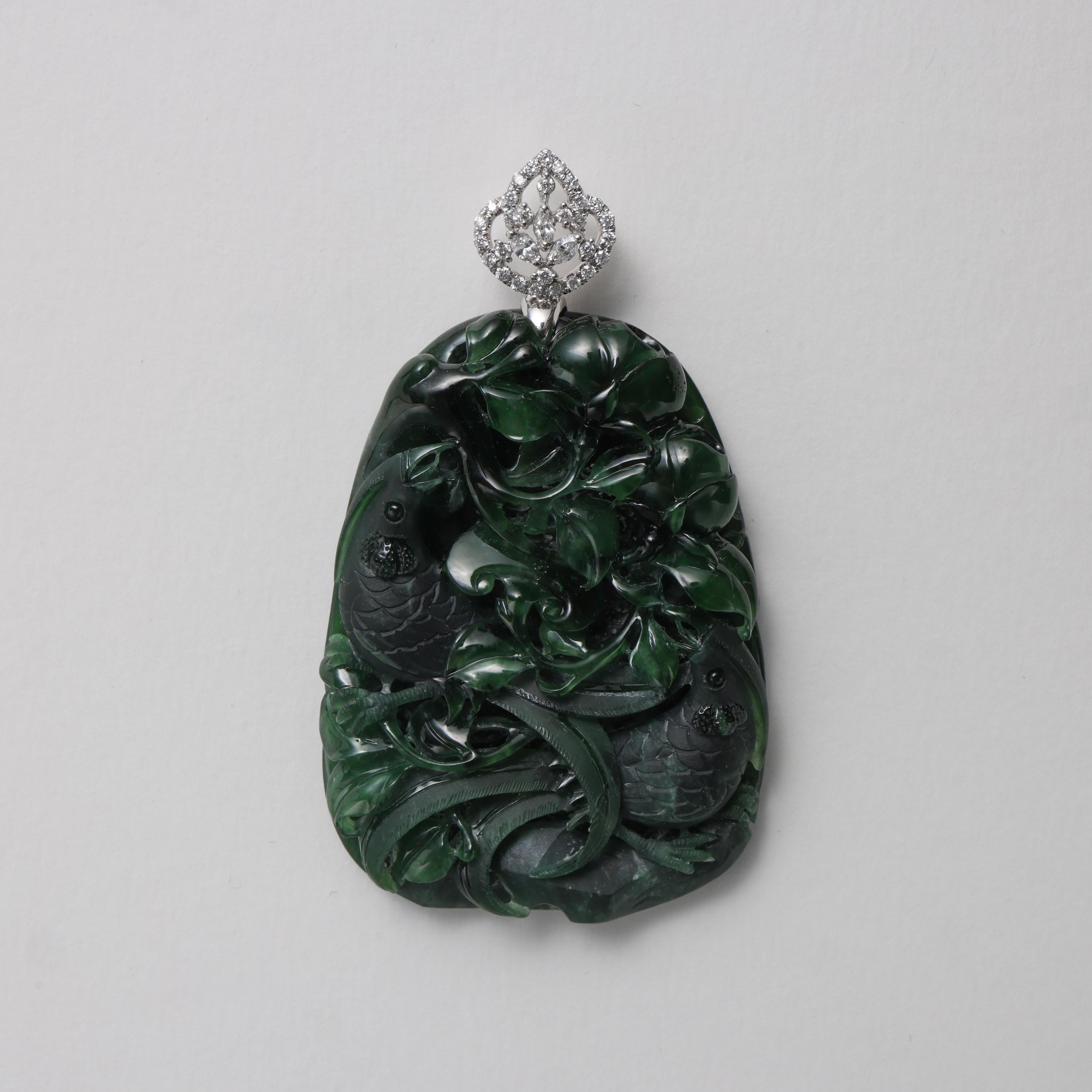 Emerald Black Jade Pendant Elaborately Three-Dimensional Carving, Certified 12