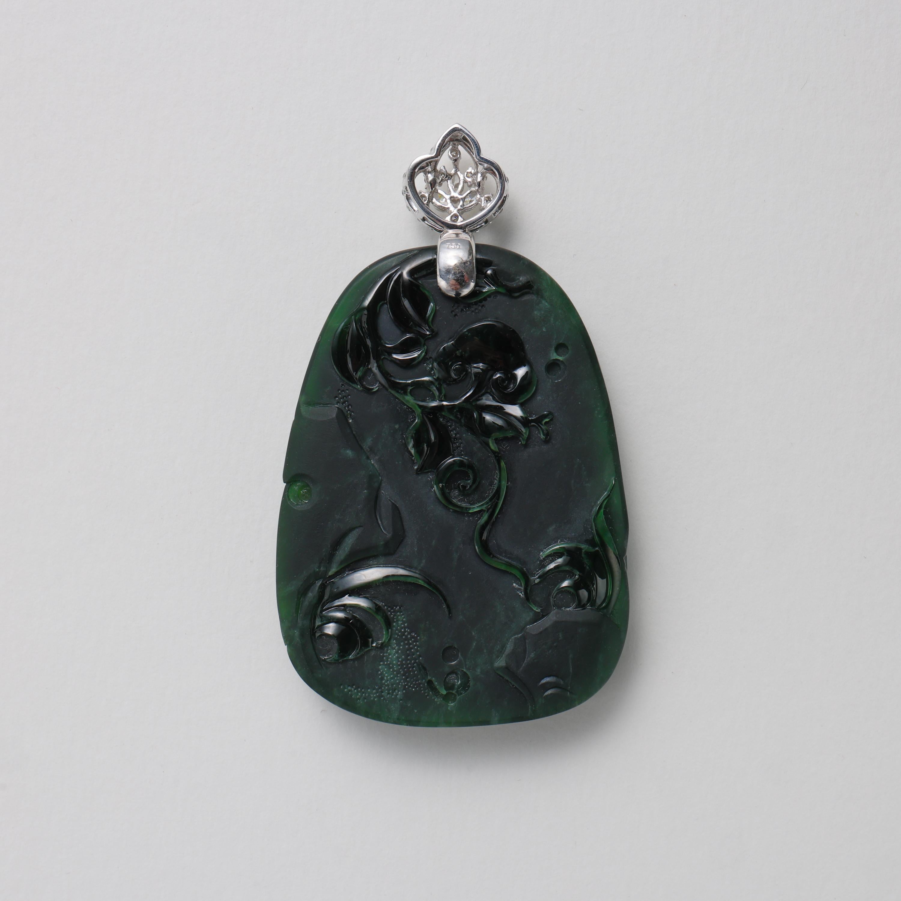 Artisan Emerald Black Jade Pendant Elaborately Three-Dimensional Carving, Certified  For Sale
