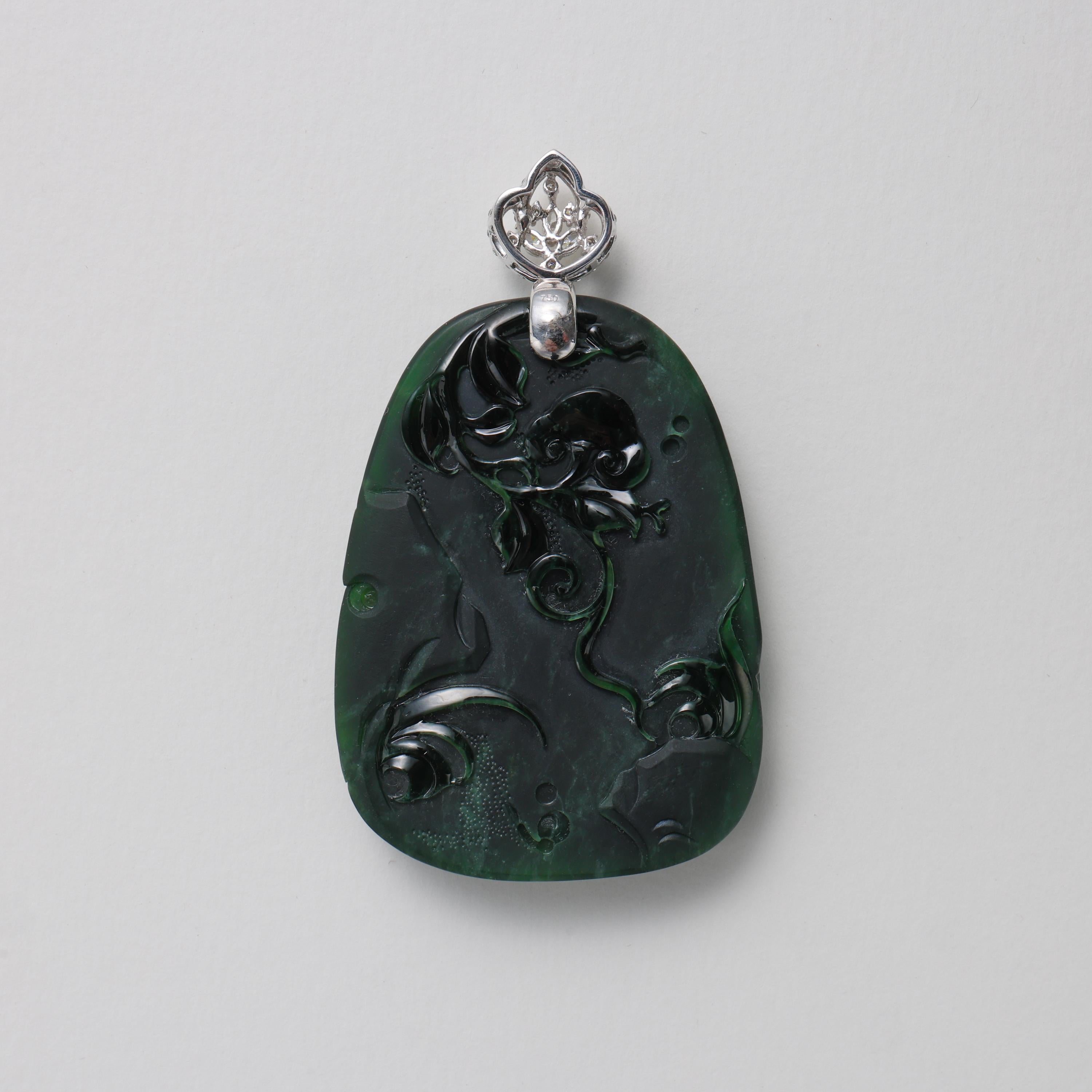 Artisan Emerald Black Jade Pendant Elaborately Three-Dimensional Carving, Certified