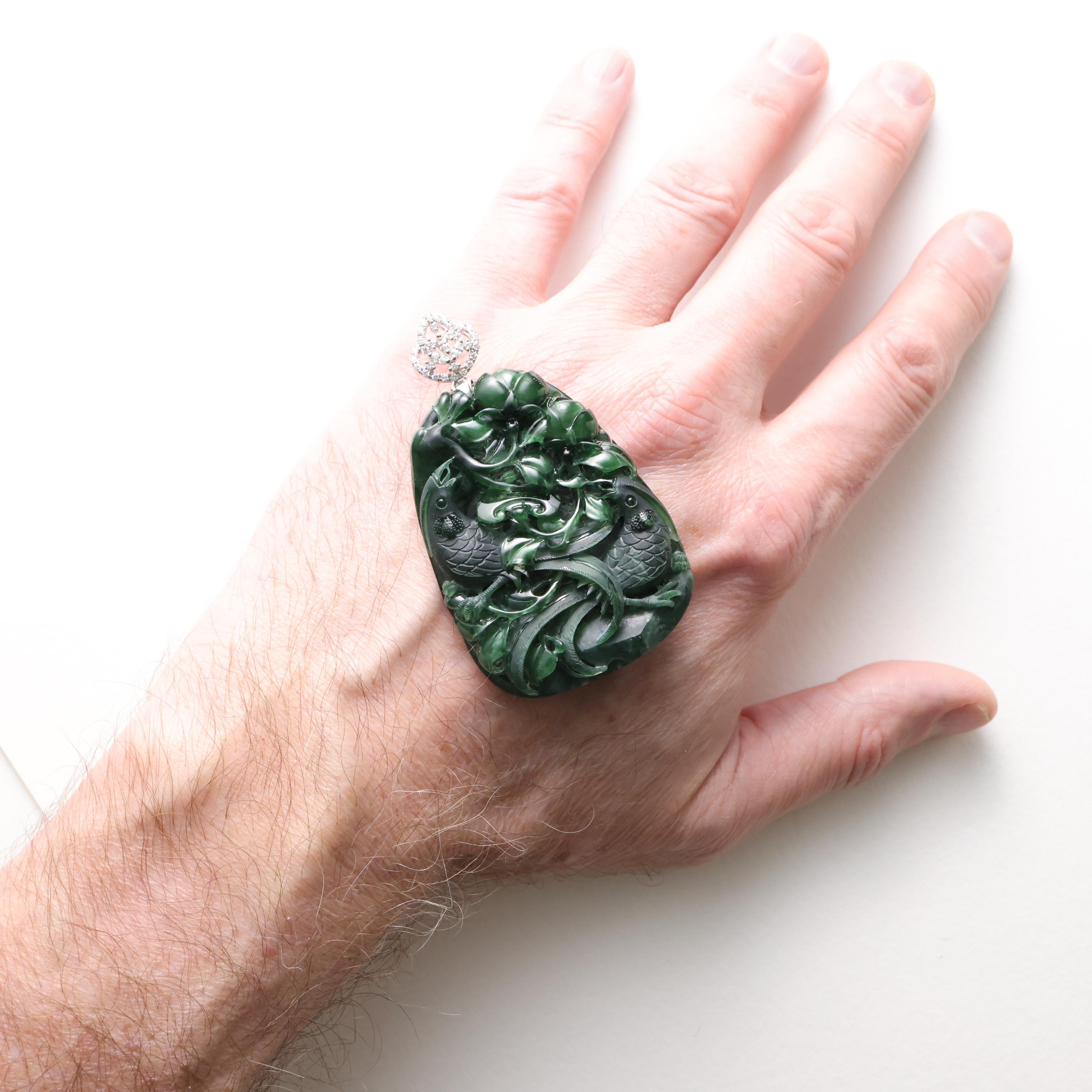 Marquise Cut Emerald Black Jade Pendant Elaborately Three-Dimensional Carving, Certified