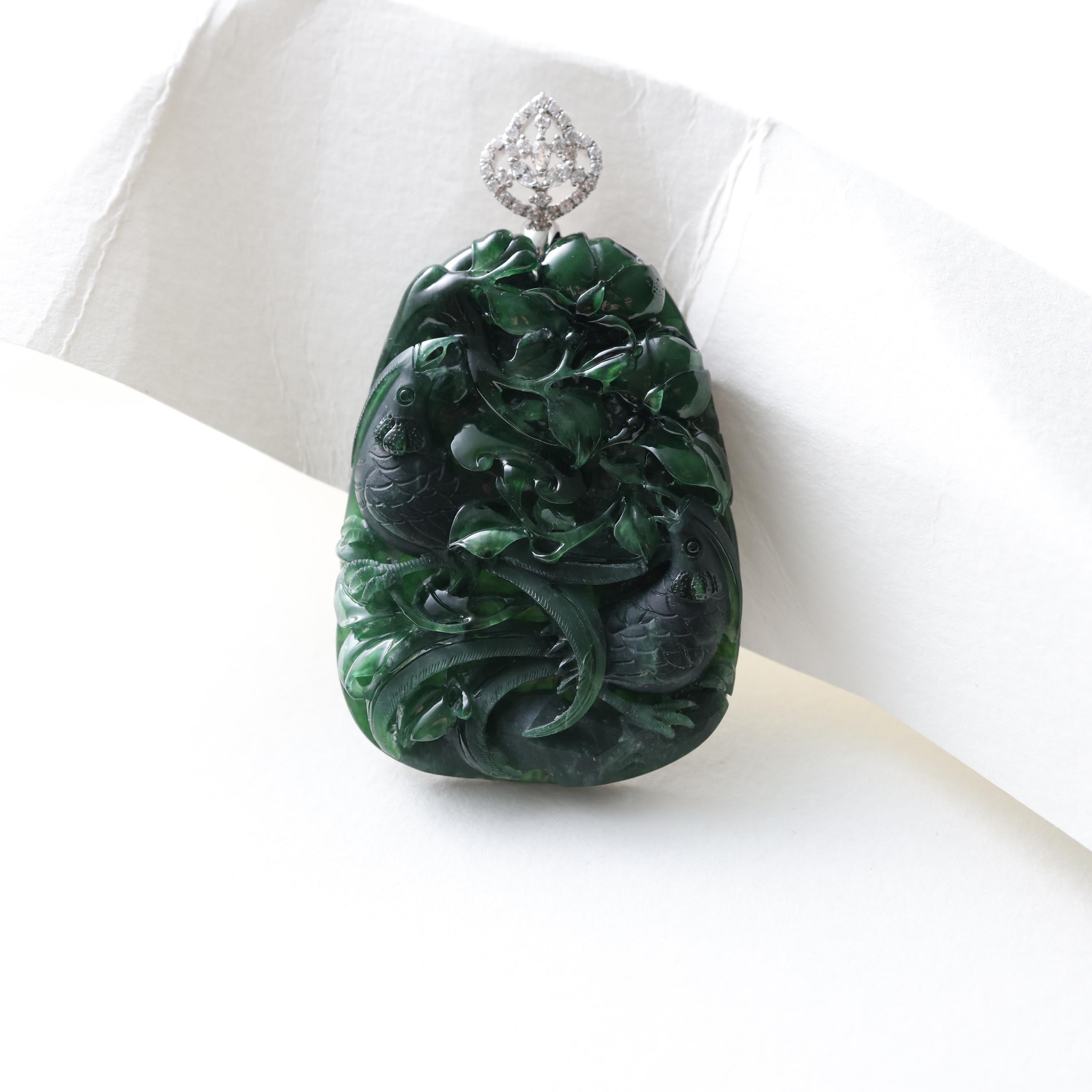 Emerald Black Jade Pendant Elaborately Three-Dimensional Carving, Certified  In New Condition For Sale In Southbury, CT