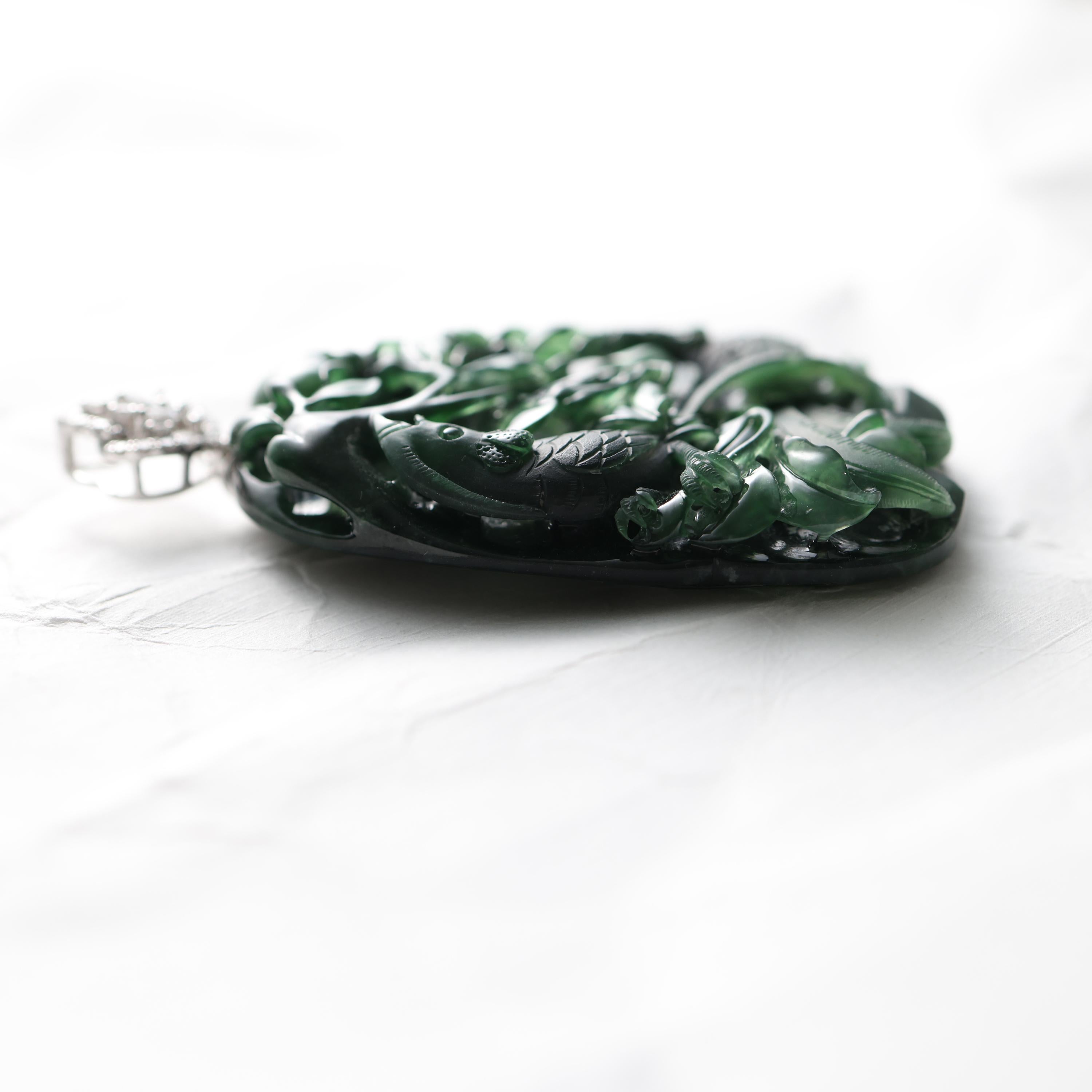 Women's or Men's Emerald Black Jade Pendant Elaborately Three-Dimensional Carving, Certified  For Sale