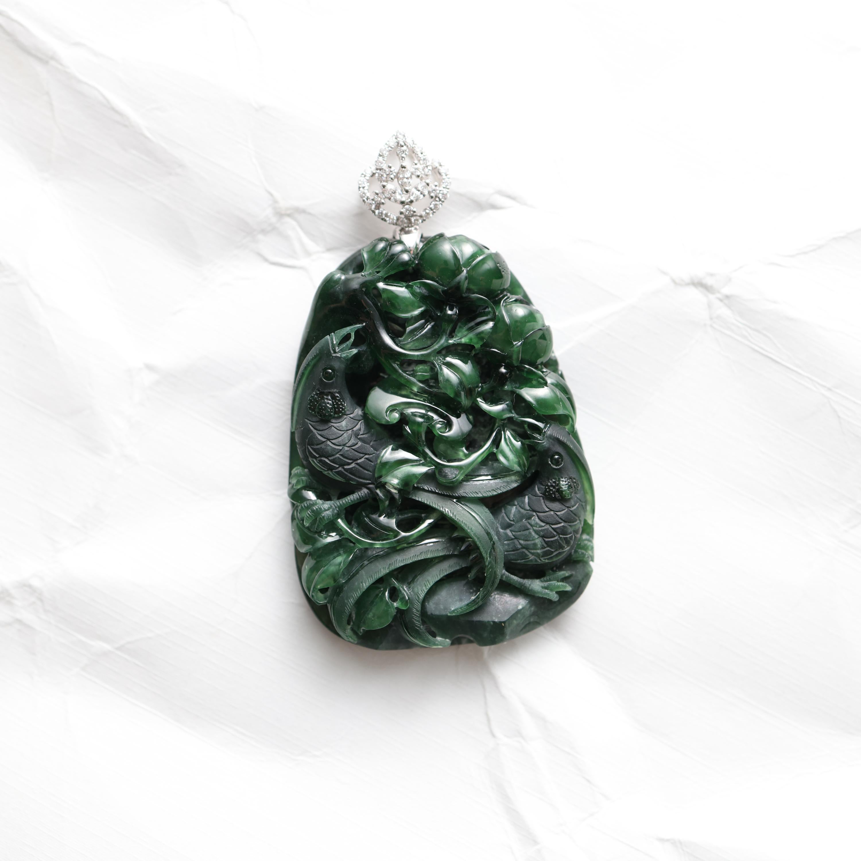 Emerald Black Jade Pendant Elaborately Three-Dimensional Carving, Certified  For Sale 2