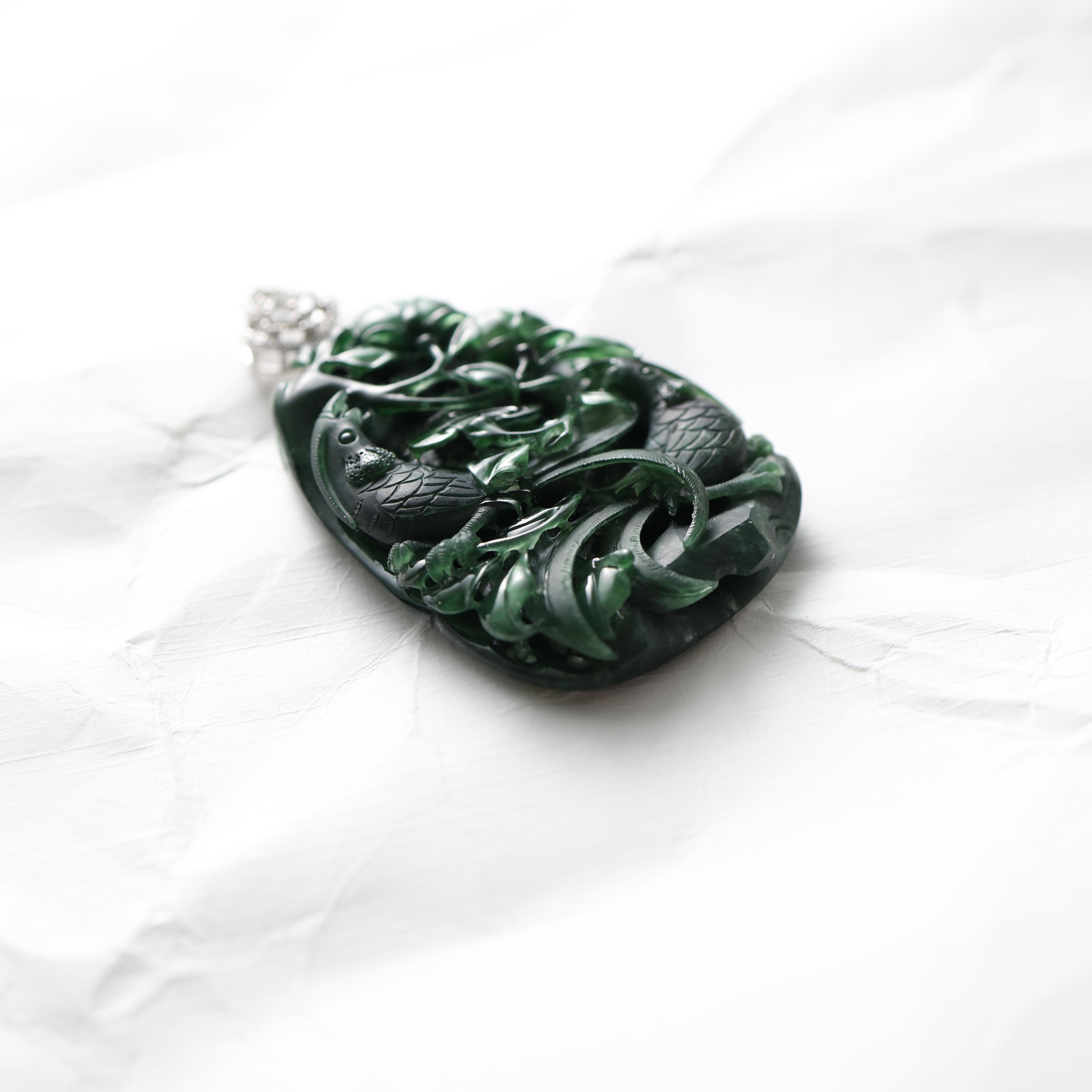 Emerald Black Jade Pendant Elaborately Three-Dimensional Carving, Certified 3