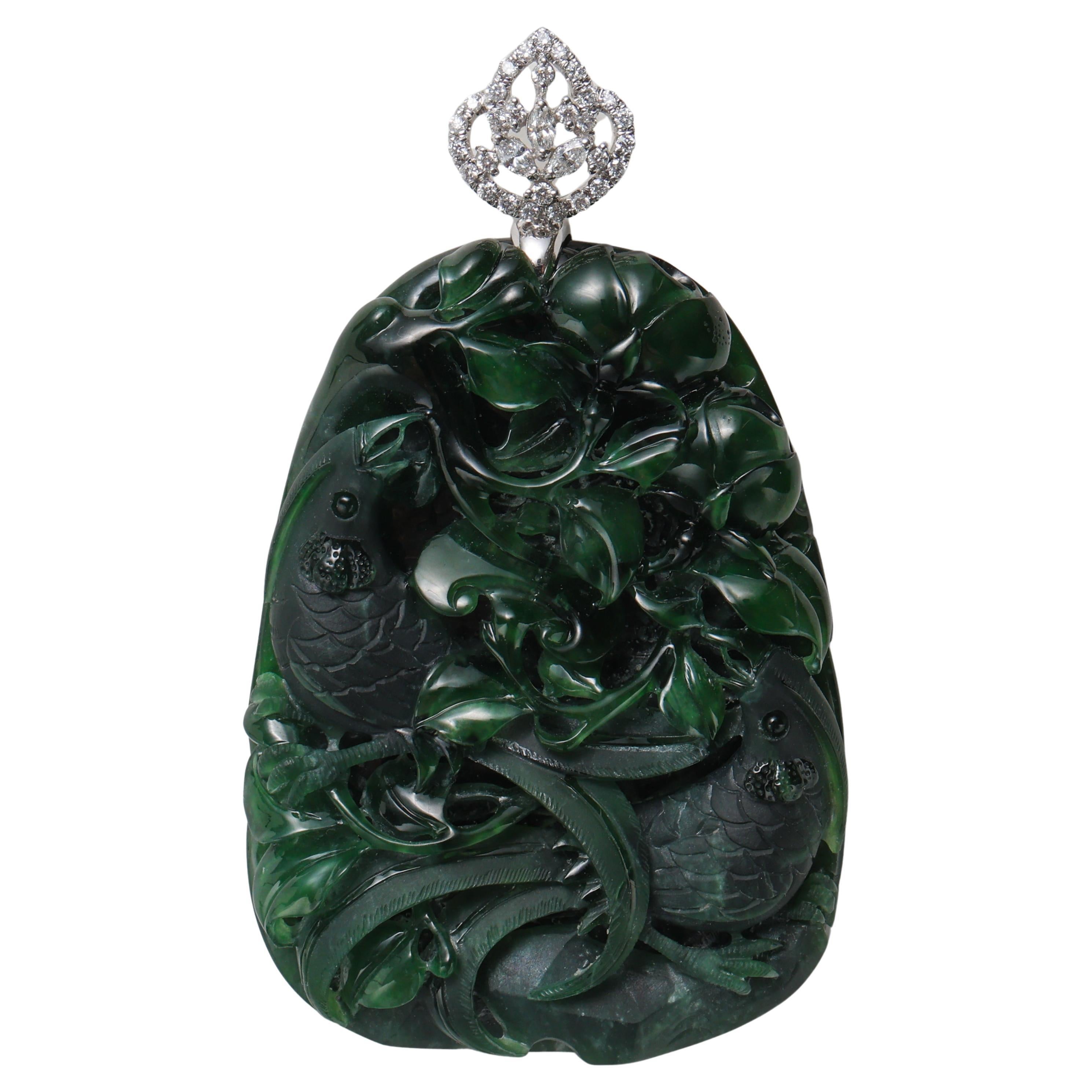Emerald Black Jade Pendant Elaborately Three-Dimensional Carving, Certified  For Sale