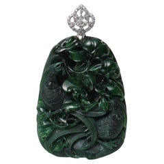 Vintage Emerald Black Jade Pendant Elaborately Three-Dimensional Carving, Certified 