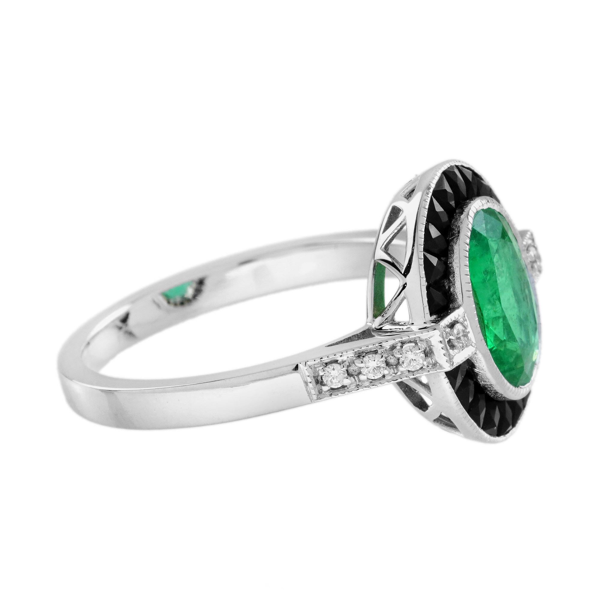 Anillo de oro blanco de 14 quilates con esmeralda y ónice negro y diamantes estilo art déco Art Decó en venta