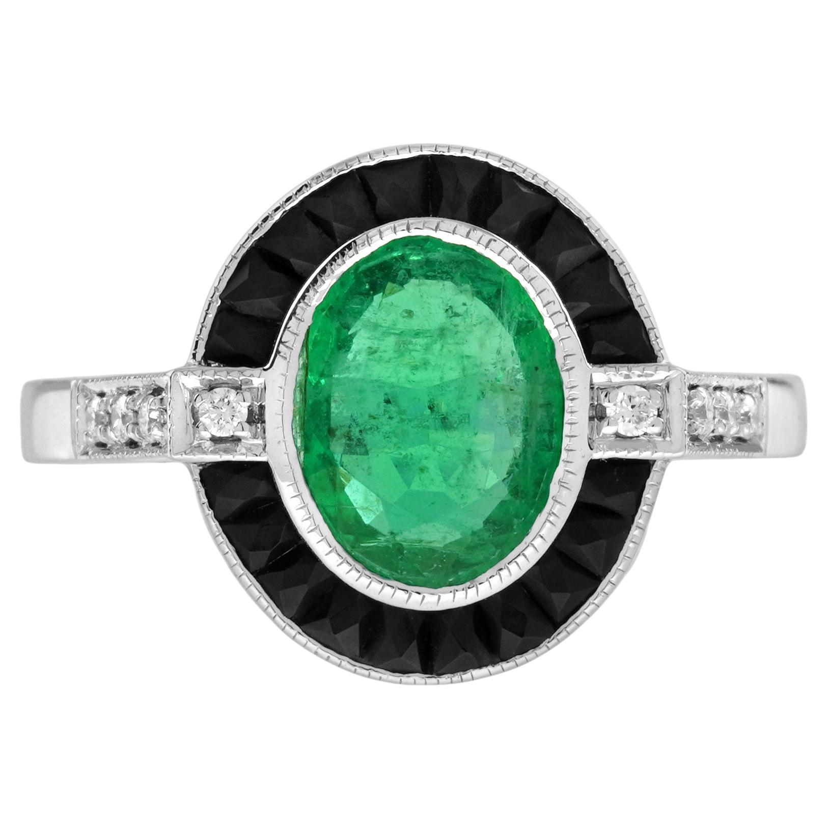 Anillo de oro blanco de 14 quilates con esmeralda y ónice negro y diamantes estilo art déco en venta