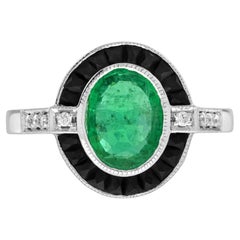 Bague en or blanc 14K avec émeraude, onyx noir et diamant de style Art Déco Target