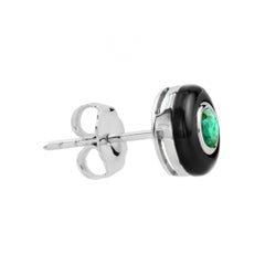 Emerald & Black Onyx Halo Antique Style Stud 14K White Gold Earrings