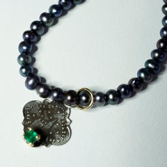 Emerald Black Pearl Necklace French Silver Vintage Medal One of a Kind J Dauphin