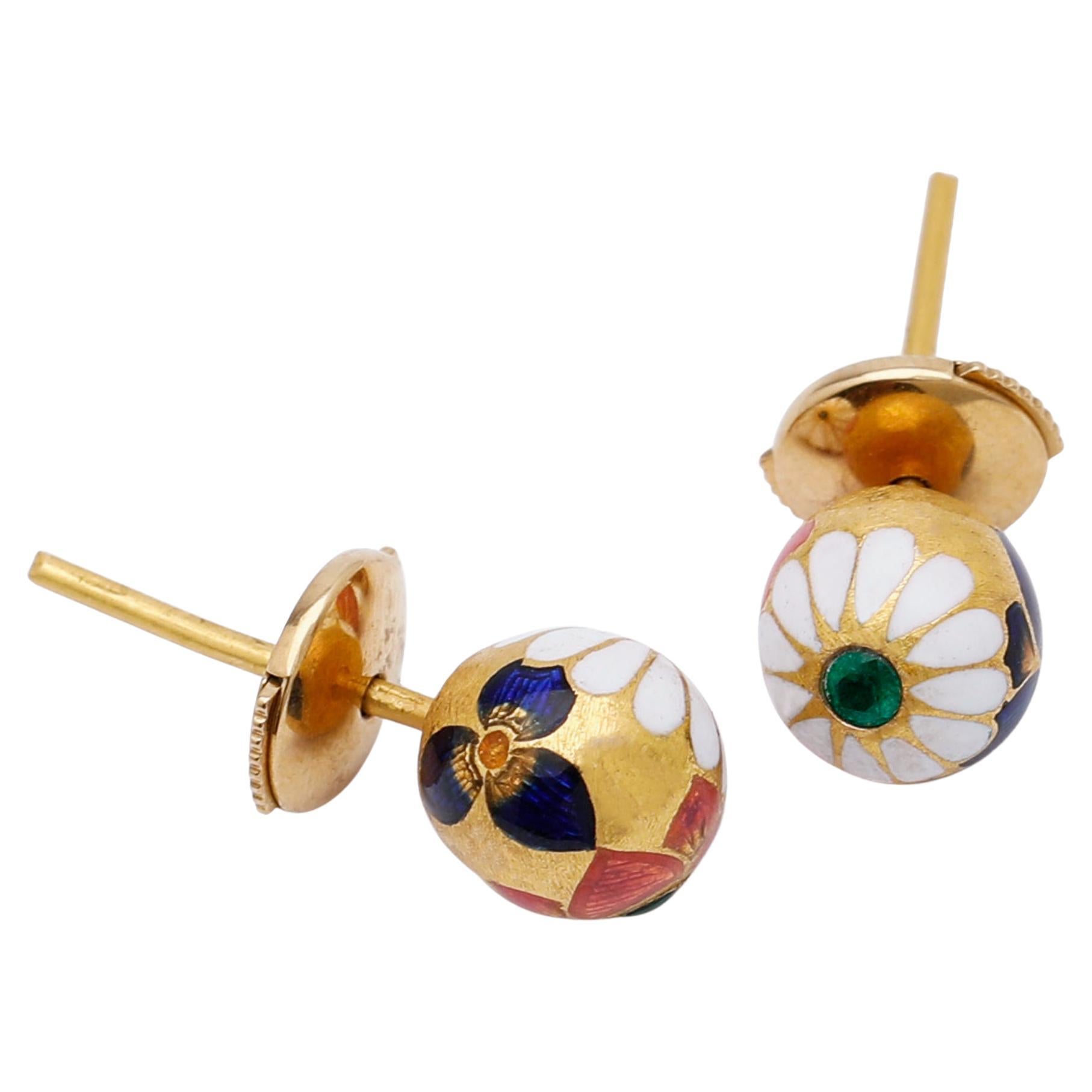 22K Gold Handmade Emerald and Floral Enamel Round Stud Earrings by Agaro Jewels For Sale