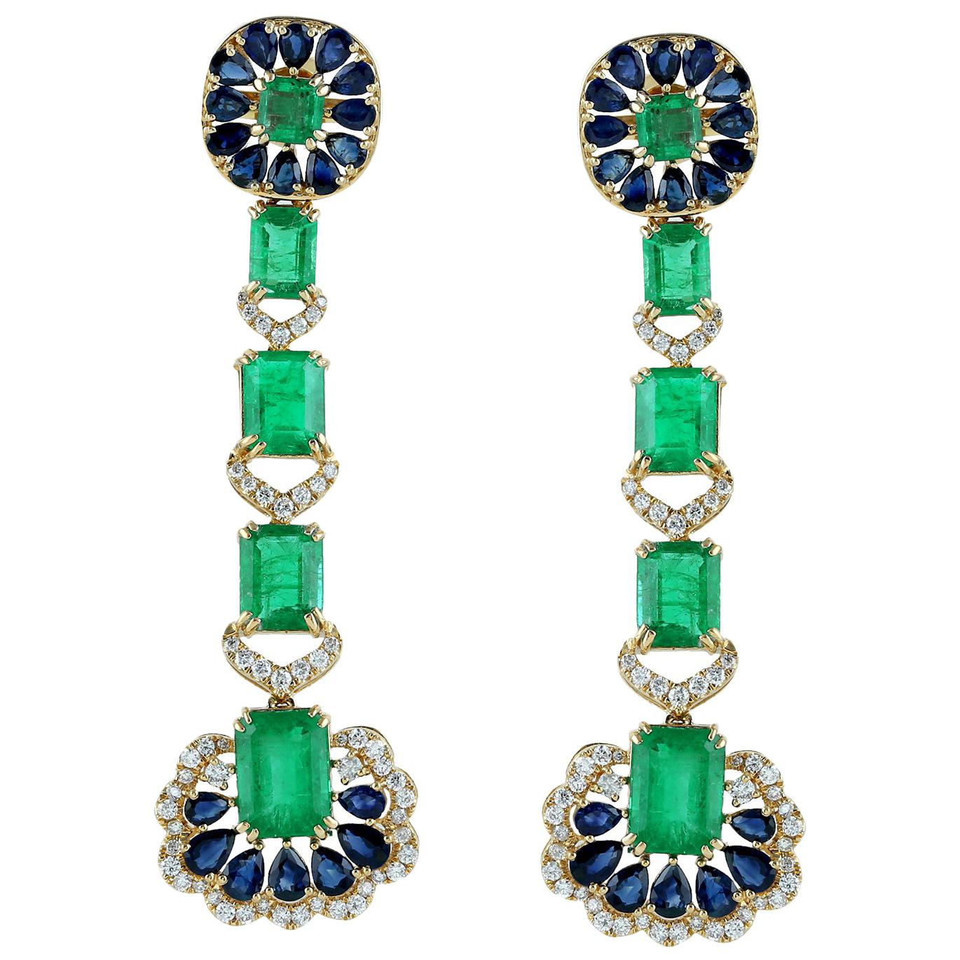 Emerald, Blue Sapphire and Diamond Earring Set in 18 Karat Gold