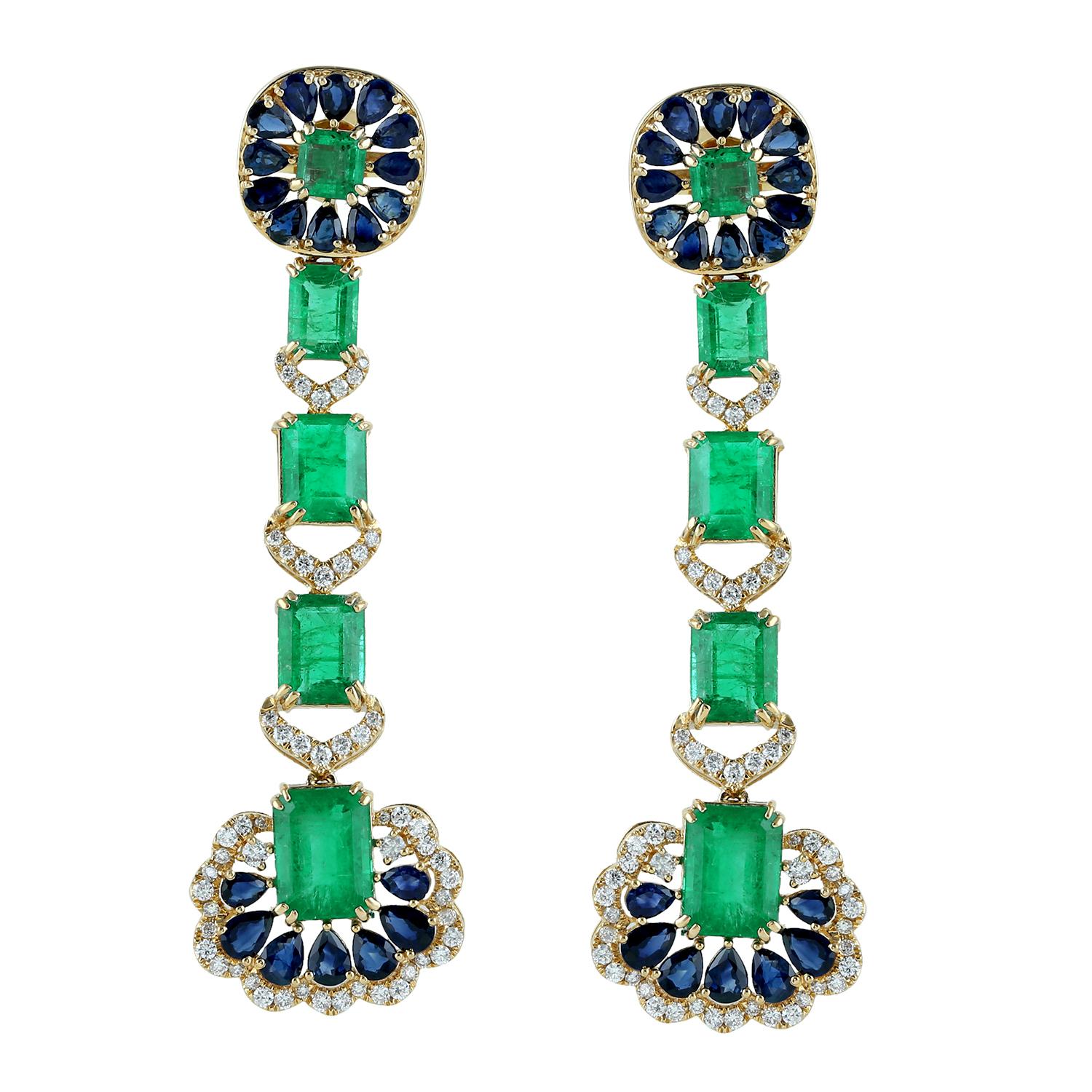 Classical Greek Emerald, Blue Sapphire and Diamond Earring Set in 18 Karat Gold