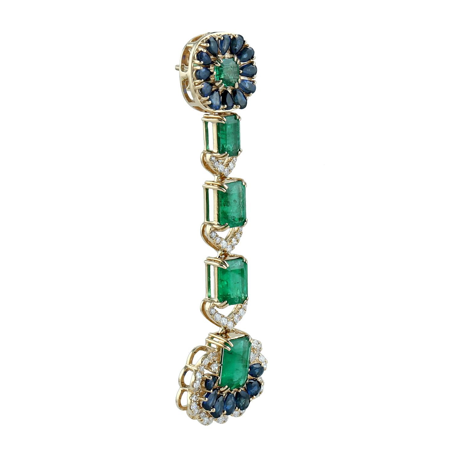 Emerald Cut Emerald, Blue Sapphire and Diamond Earring Set in 18 Karat Gold