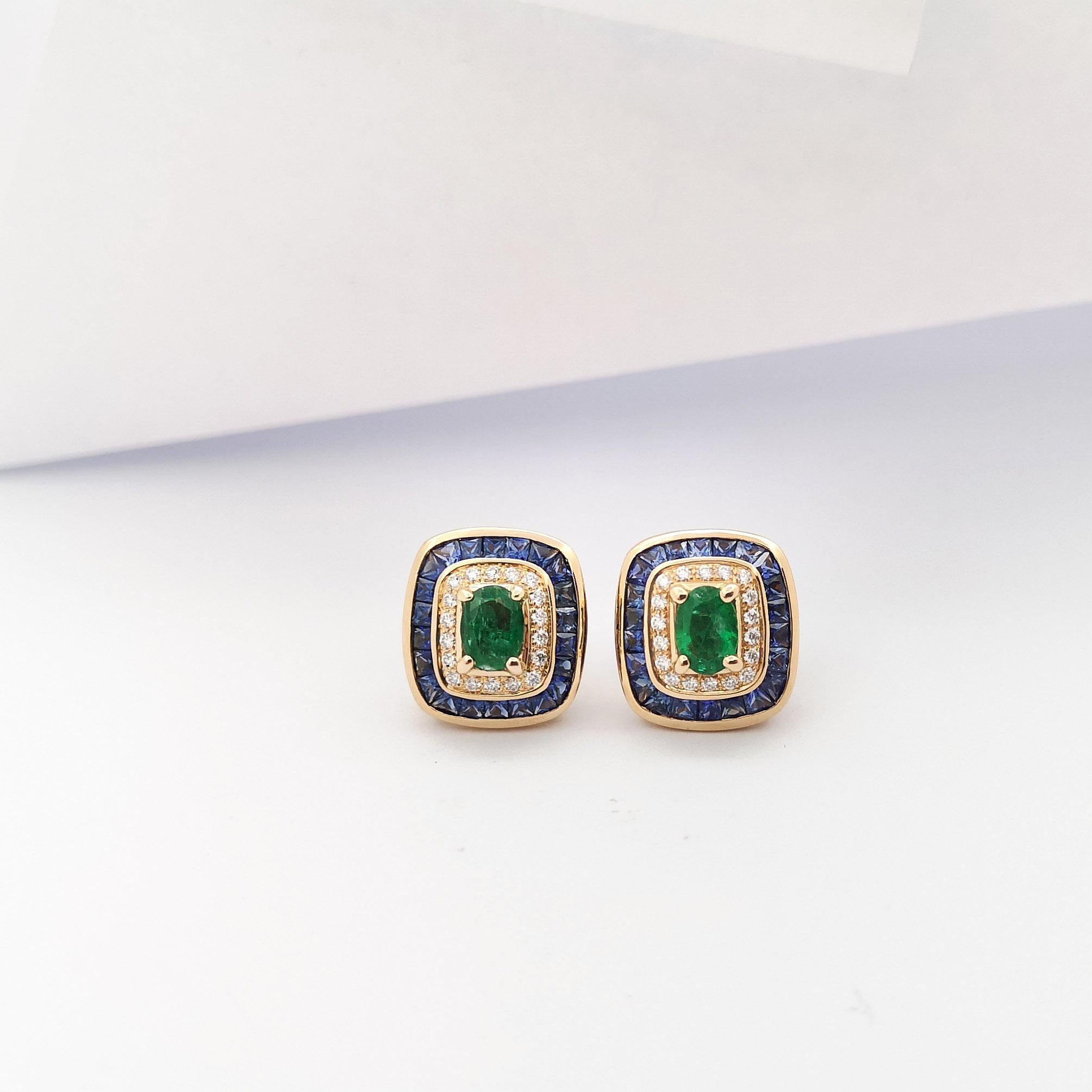 Mixed Cut Emerald, Blue Sapphire and Diamond Earrings set in 18 Karat Rose Gold Settings For Sale
