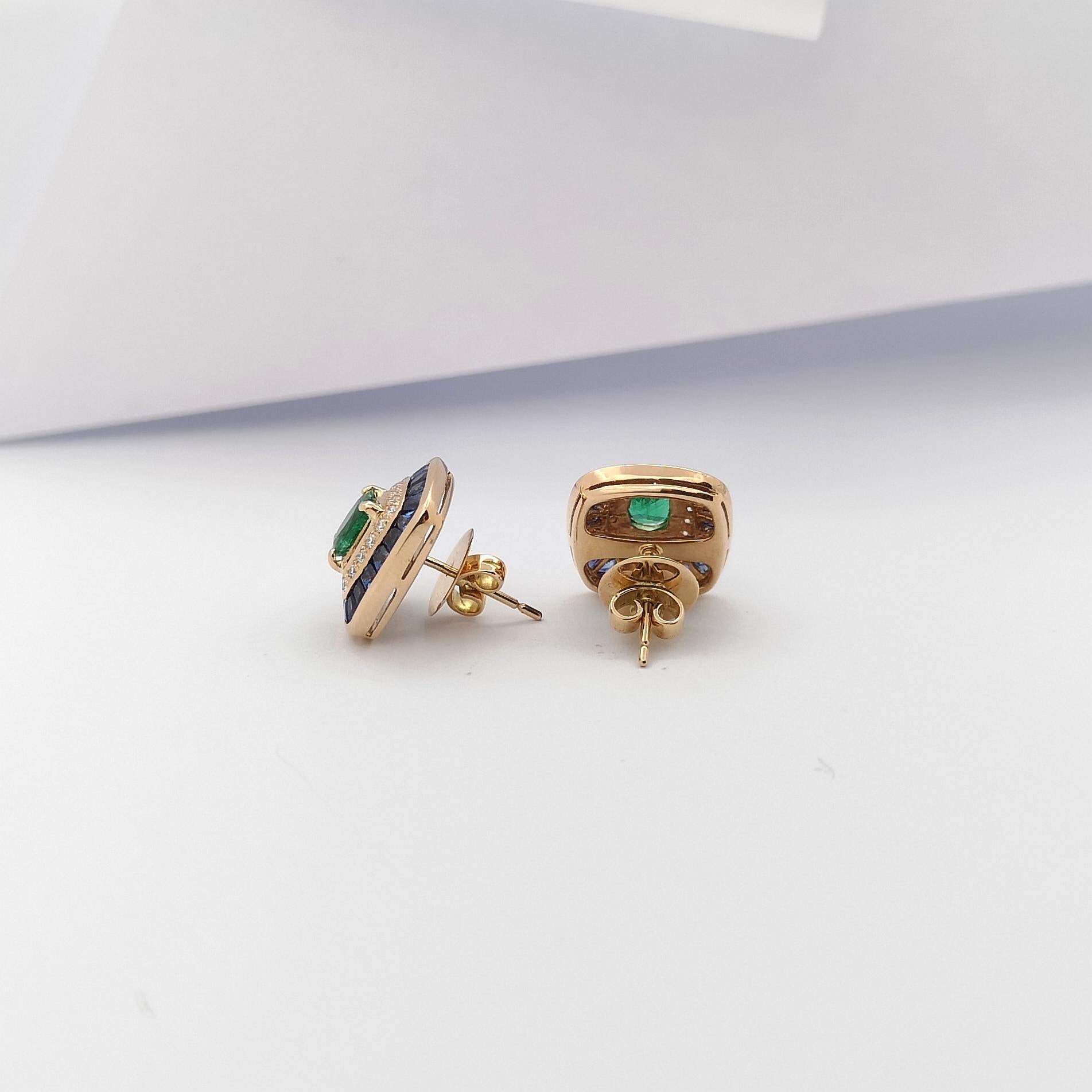 Women's Emerald, Blue Sapphire and Diamond Earrings set in 18 Karat Rose Gold Settings For Sale