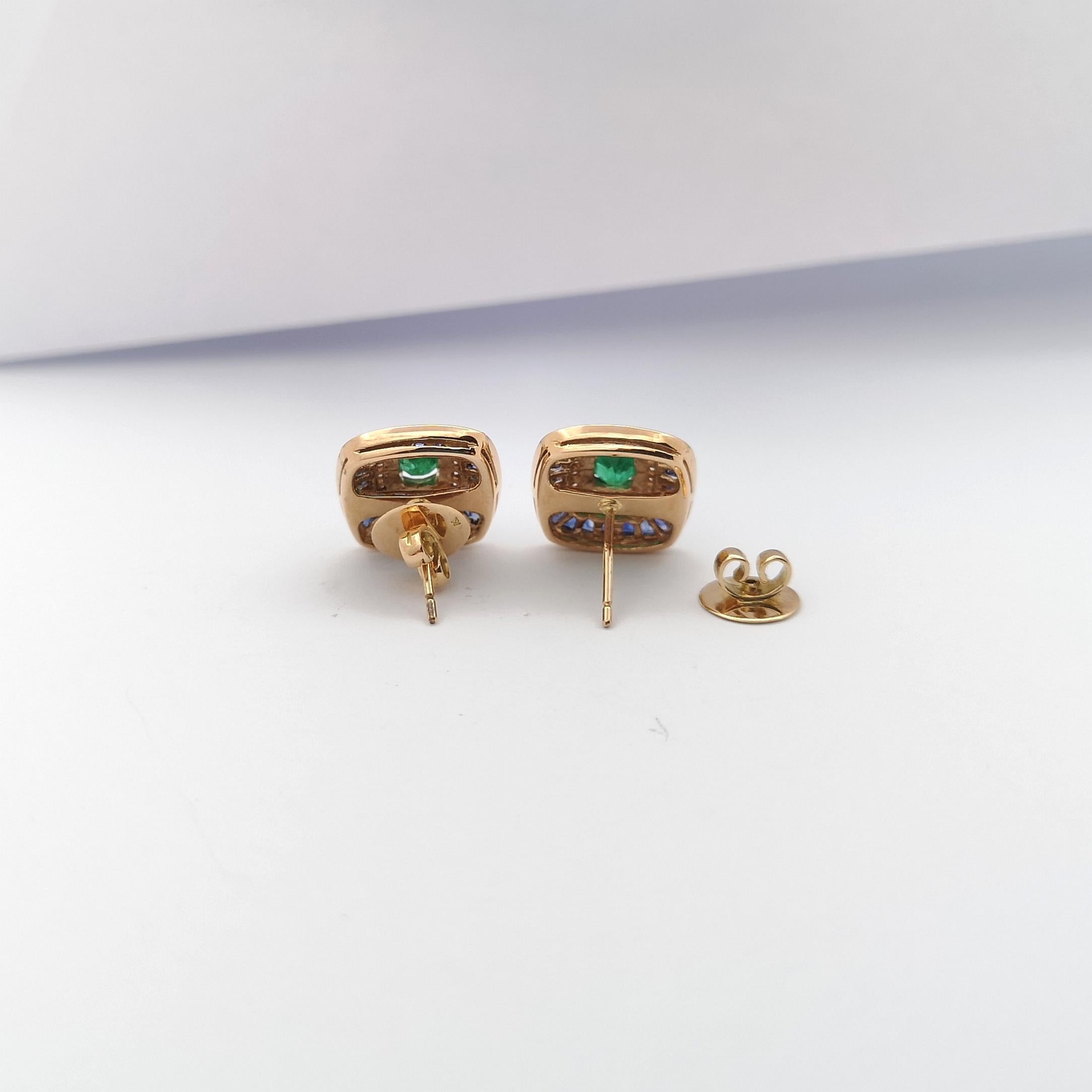 Emerald, Blue Sapphire and Diamond Earrings set in 18 Karat Rose Gold Settings For Sale 1